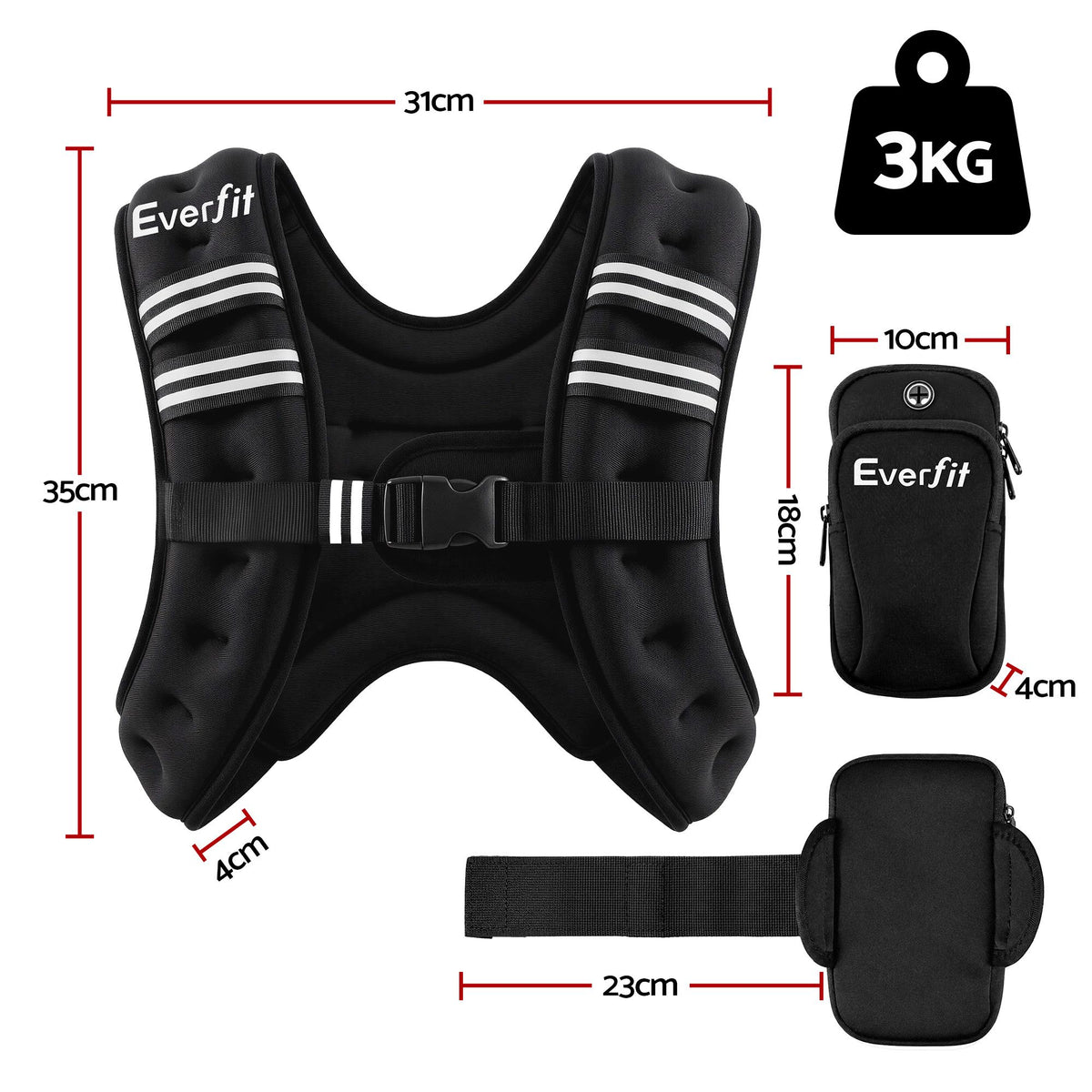 Everfit 3kg Weighted Vest Men Women, Reflective Running Vest with Armband Pouch WV-03K-BK