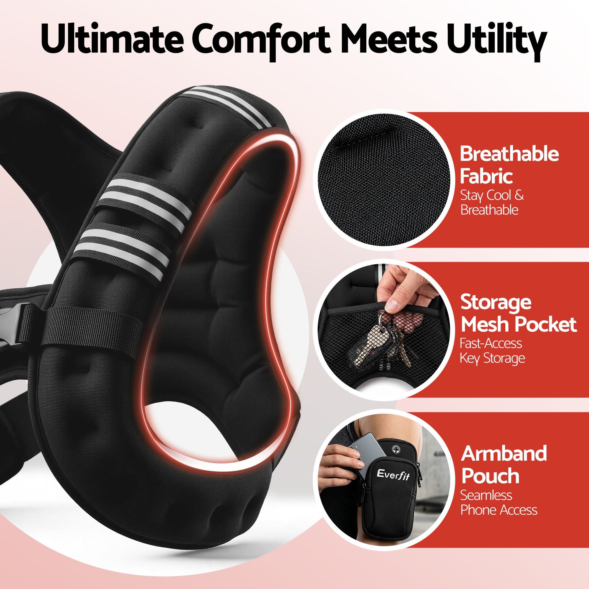 Everfit 5kg Weighted Vest Men Women, Reflective Running Vest with Armband Pouch WV-05K-BK