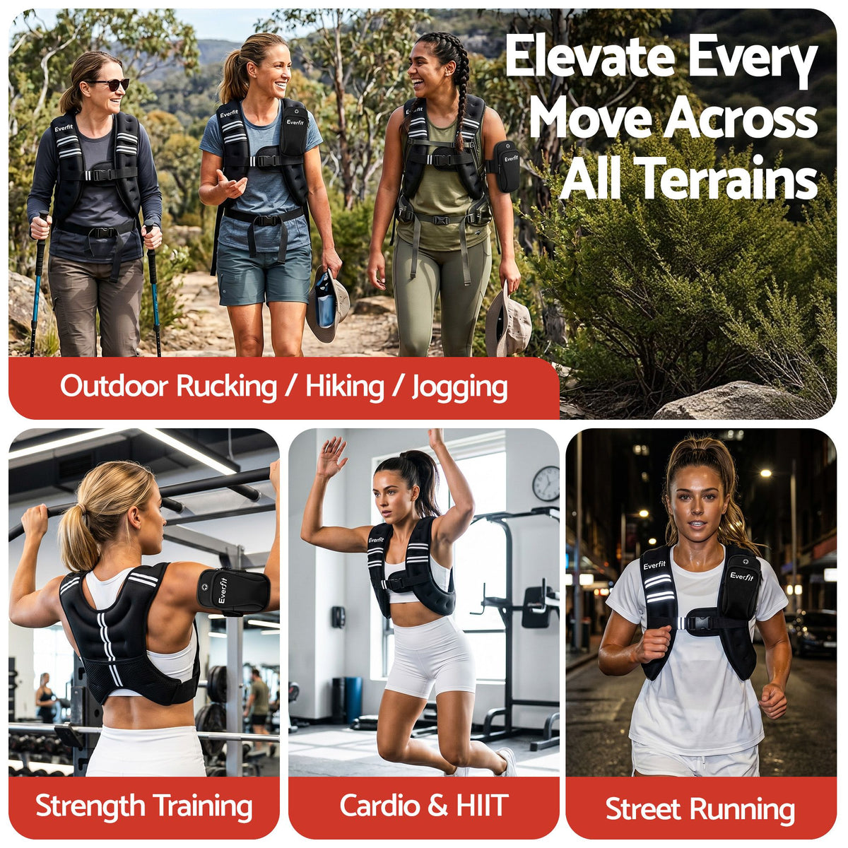 Everfit 5kg Weighted Vest Men Women, Reflective Running Vest with Armband Pouch WV-05K-BK