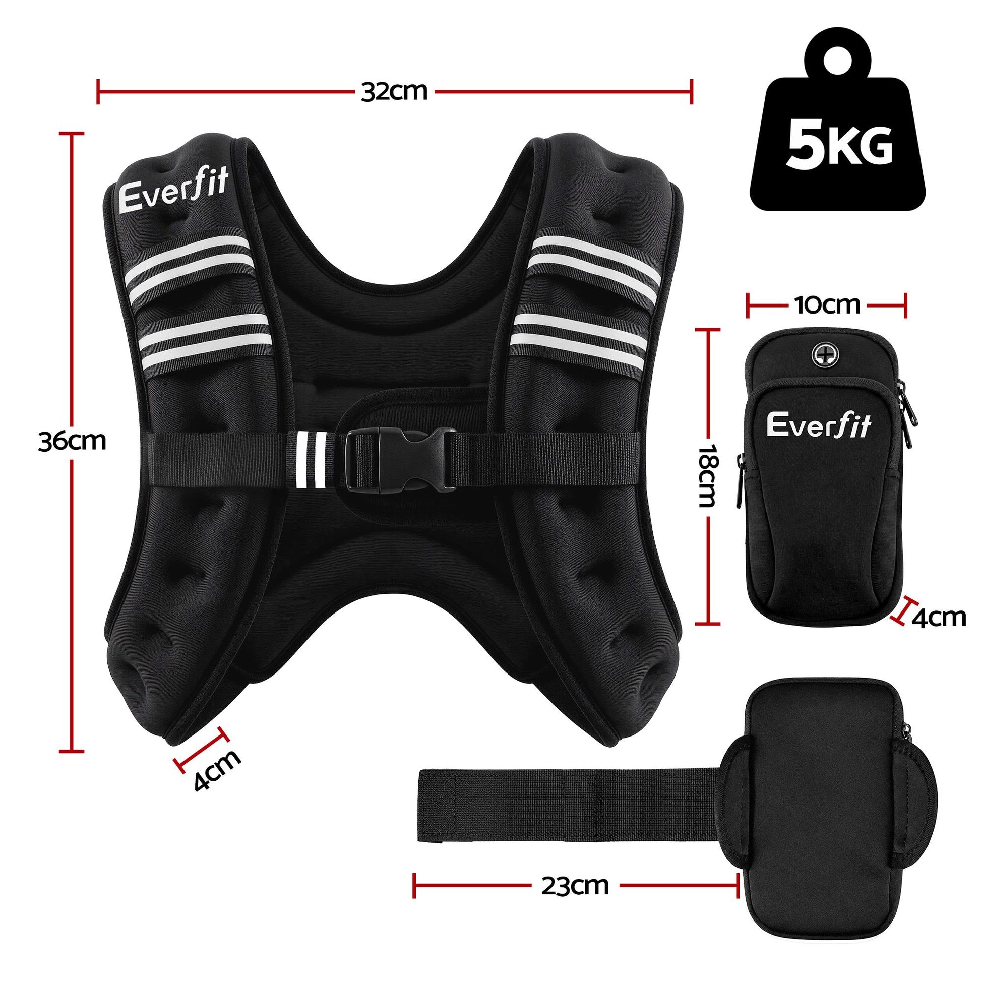 Everfit 5kg Weighted Vest Men Women, Reflective Running Vest with Armband Pouch WV-05K-BK