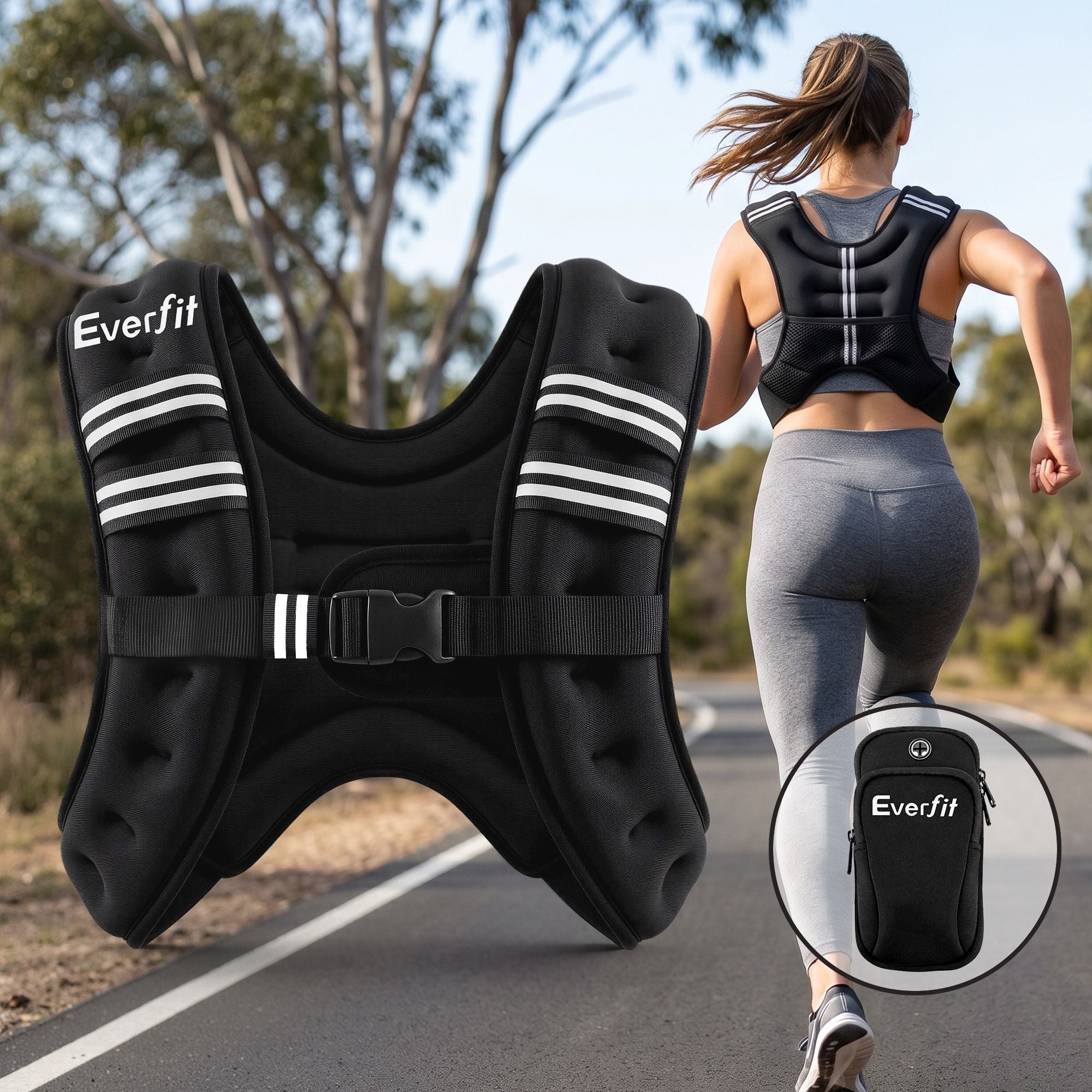 Everfit 8kg Weighted Vest Men Women, Reflective Running Vest with Armband Pouch WV-08K-BK