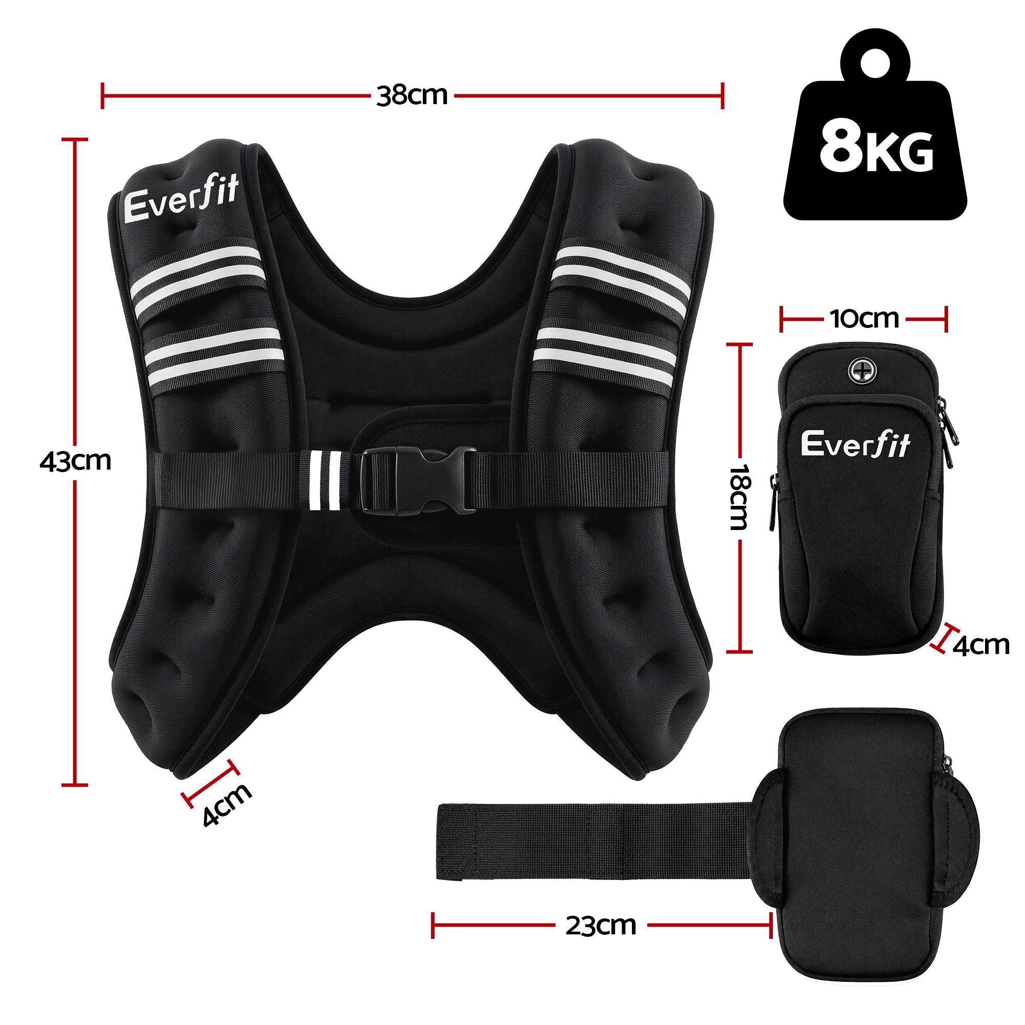 Everfit 8kg Weighted Vest Men Women, Reflective Running Vest with Armband Pouch WV-08K-BK