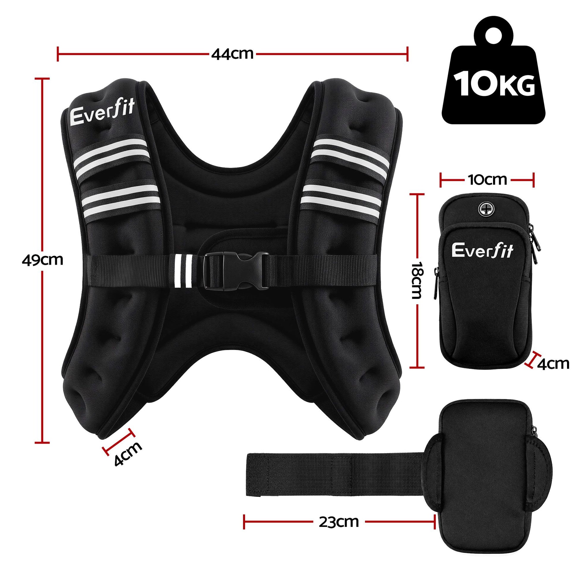 Everfit 10kg Weighted Vest Men Women, Reflective Running Vest with Armband Pouch WV-10K-BK