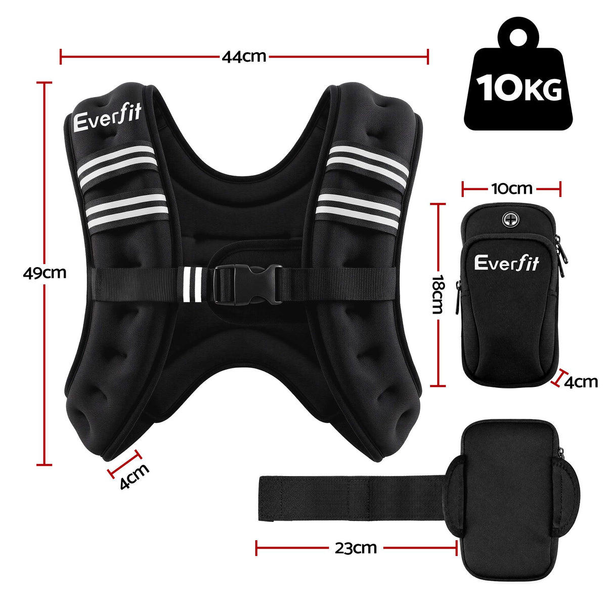 Everfit 10kg Weighted Vest Men Women, Reflective Running Vest with Armband Pouch WV-10K-BK