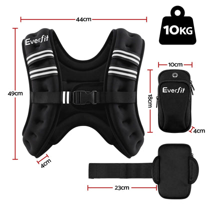 Everfit 10kg Weighted Vest Men Women, Reflective Running Vest with Armband Pouch WV-10K-BK