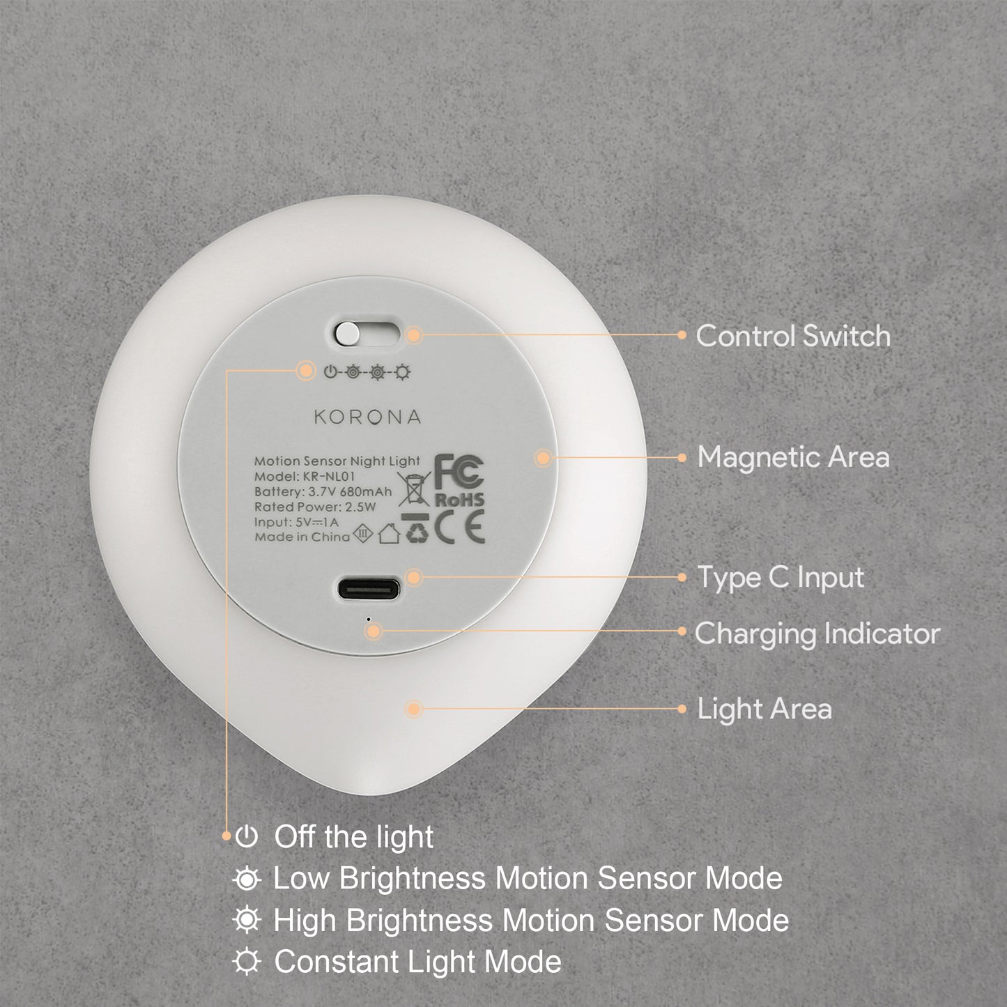 AIPOWER Motion Sensor Night Light USB-C Rechargeable Closet Light 4 Packs XFAP-KR01-4PC-CN