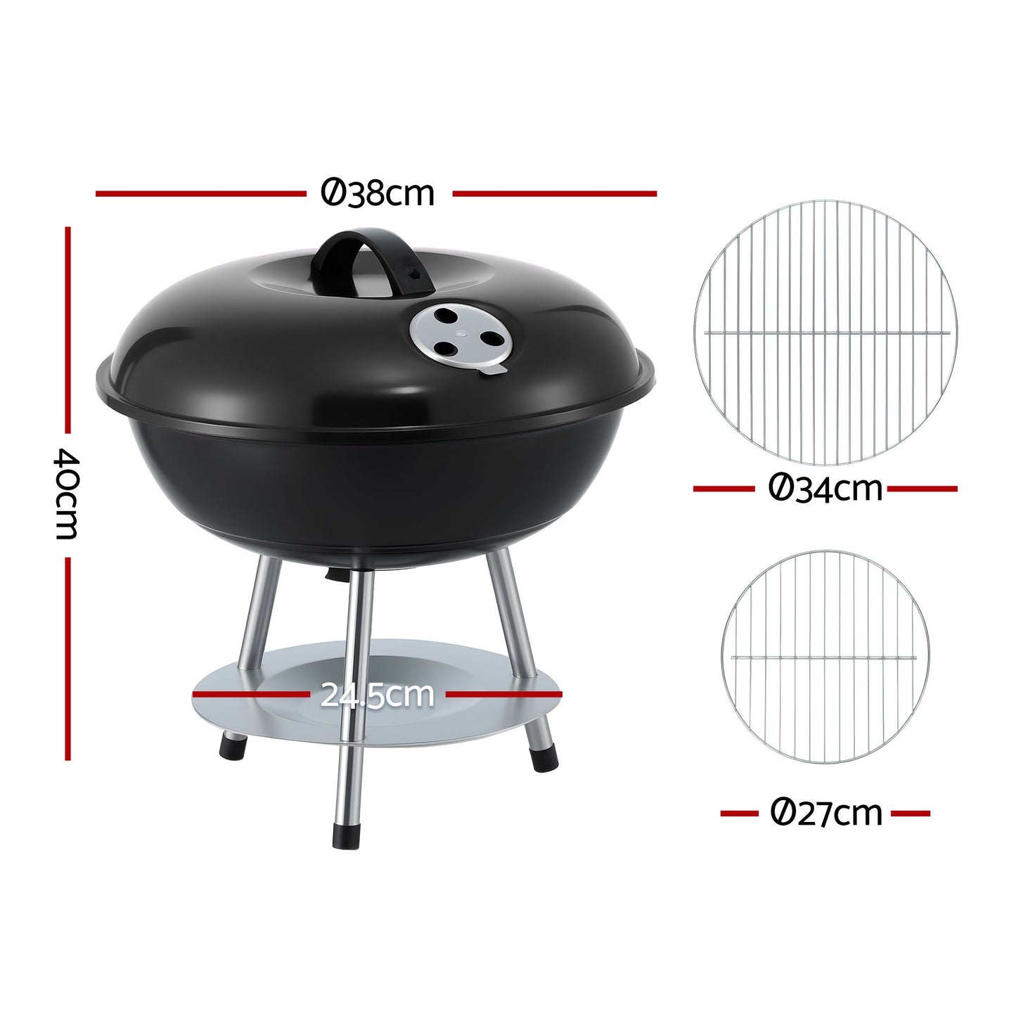 Grillz Charcoal BBQ Grill Portable with Lid for Camping Outdoor XFEL-BBQ-SMO-BK