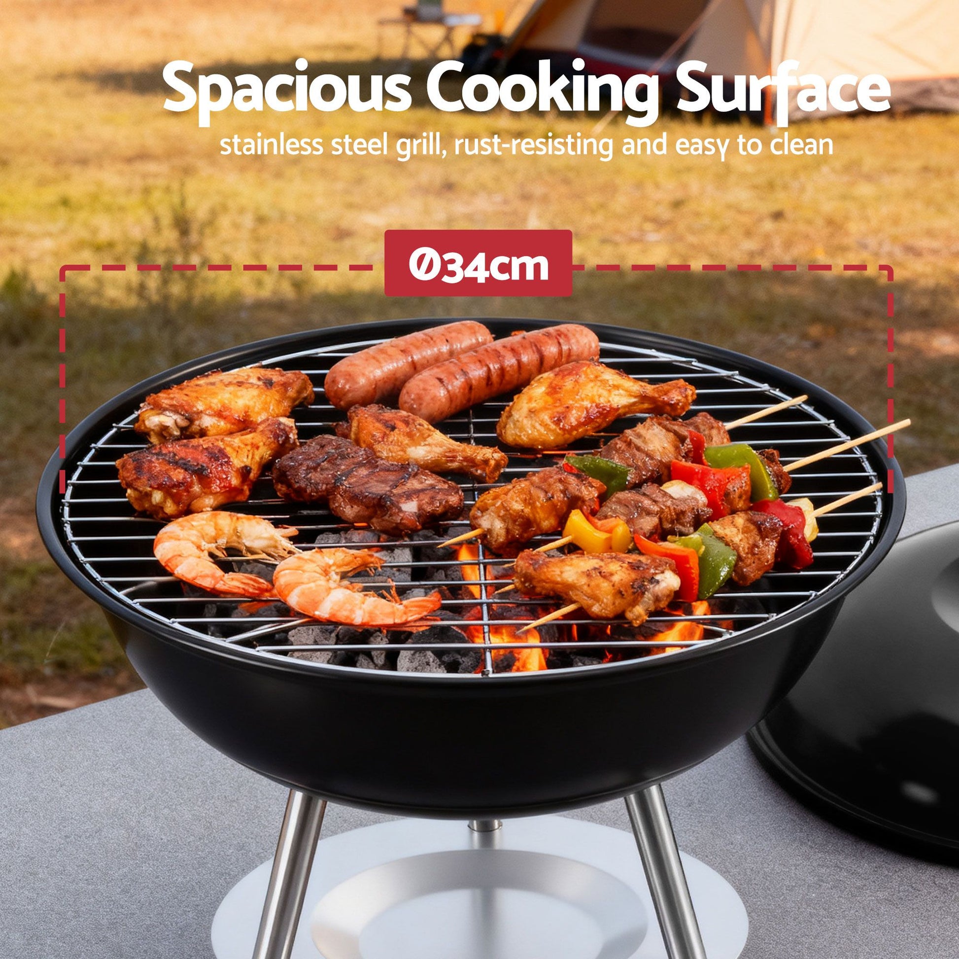 Grillz Charcoal BBQ Grill Portable with Lid for Camping Outdoor XFEL-BBQ-SMO-BK