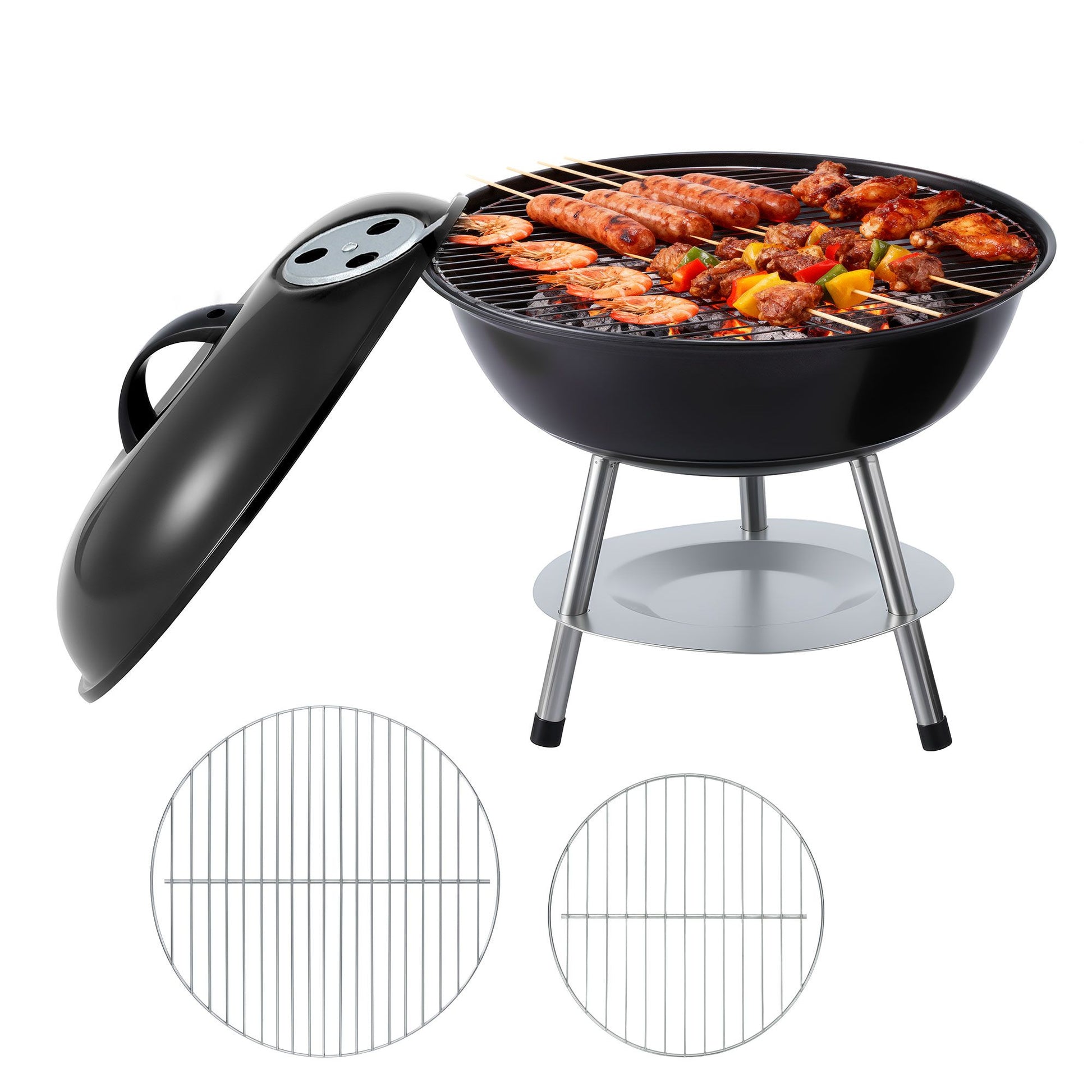 Grillz Charcoal BBQ Grill Portable with Lid for Camping Outdoor XFEL-BBQ-SMO-BK