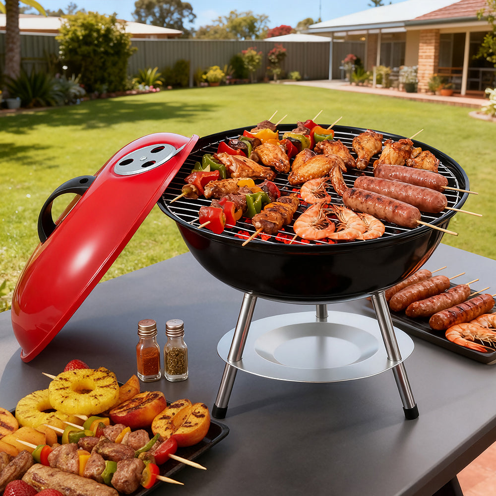 Grillz Charcoal BBQ Grill Portable with Lid for Camping Outdoor XFEL-BBQ-SMO-RBK