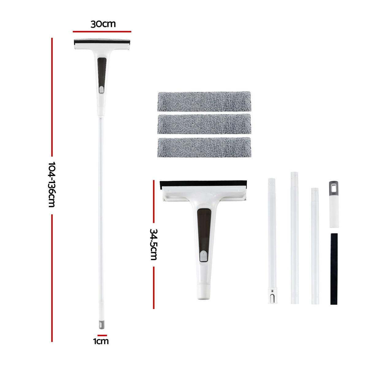 Giantz Window Cleaner Mirror Car, Spray Scrub Squeegee 136cm Extendable Long Handle with Water Tank 3 XFEL-CLEAN-HAND-WH
