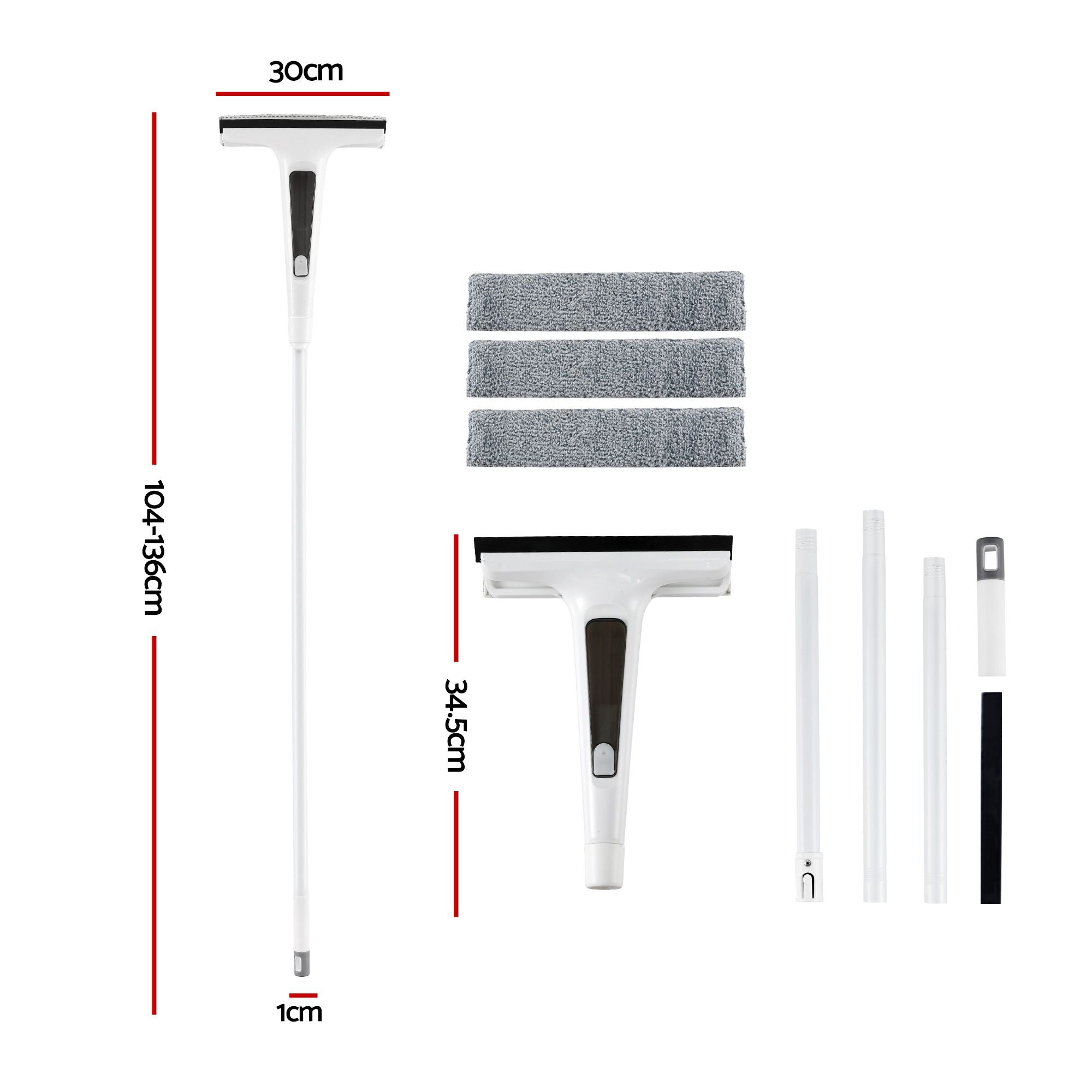 Giantz Window Cleaner Mirror Car, Spray Scrub Squeegee 136cm Extendable Long Handle with Water Tank 3 XFEL-CLEAN-HAND-WH