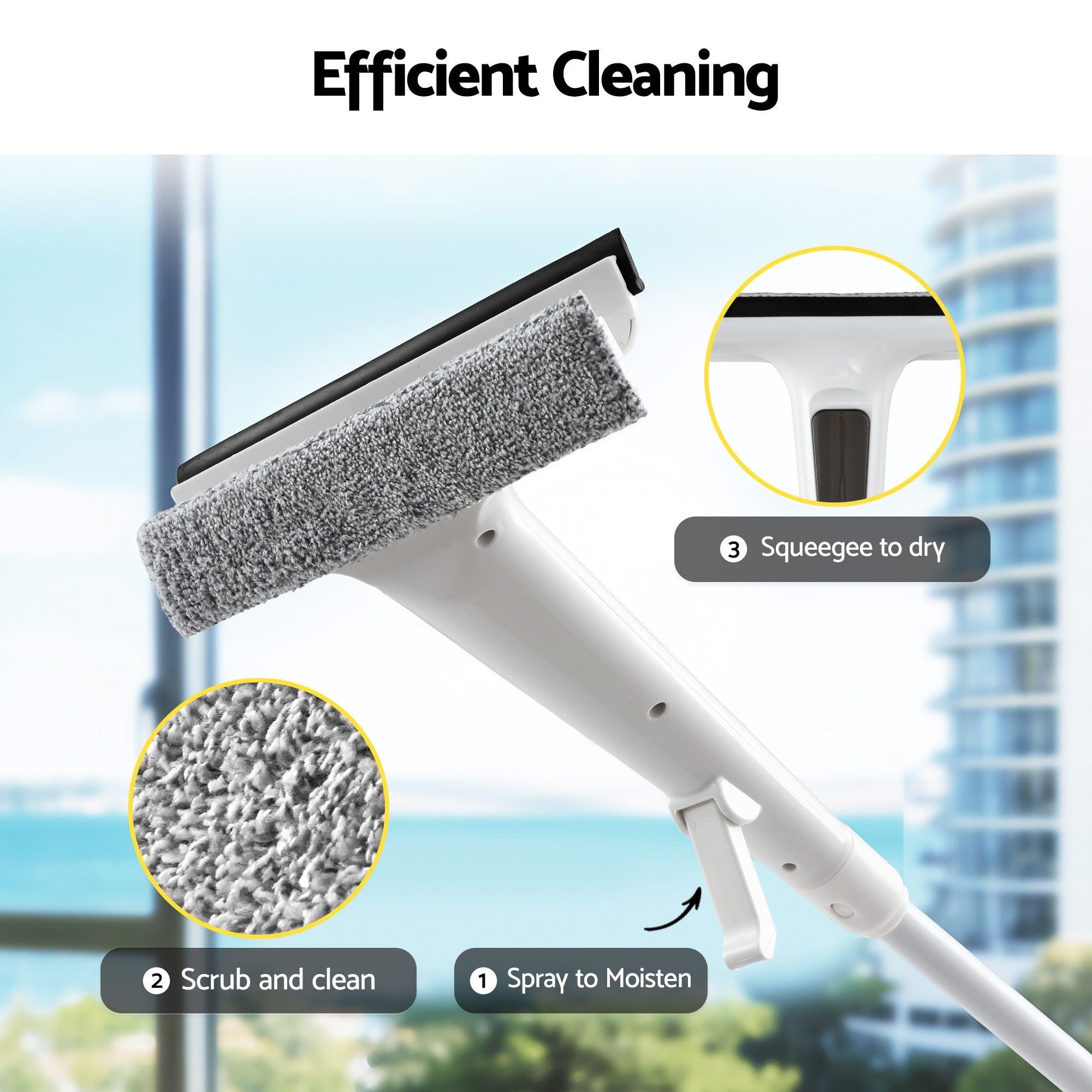 Giantz Window Cleaner Mirror Car, Spray Scrub Squeegee 136cm Extendable Long Handle with Water Tank 3 XFEL-CLEAN-HAND-WH