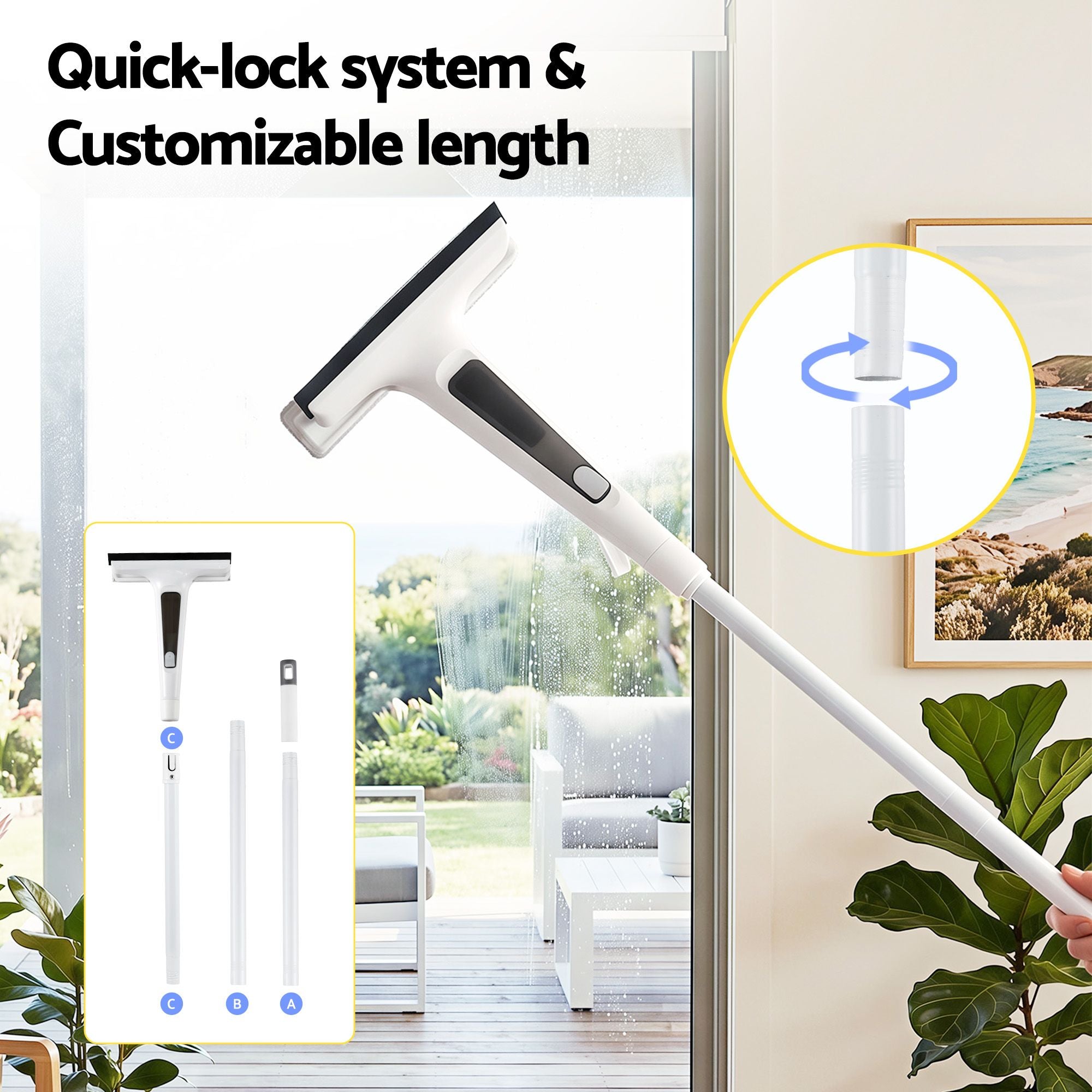 Giantz Window Cleaner Mirror Car, Spray Scrub Squeegee 136cm Extendable Long Handle with Water Tank 3 XFEL-CLEAN-HAND-WH