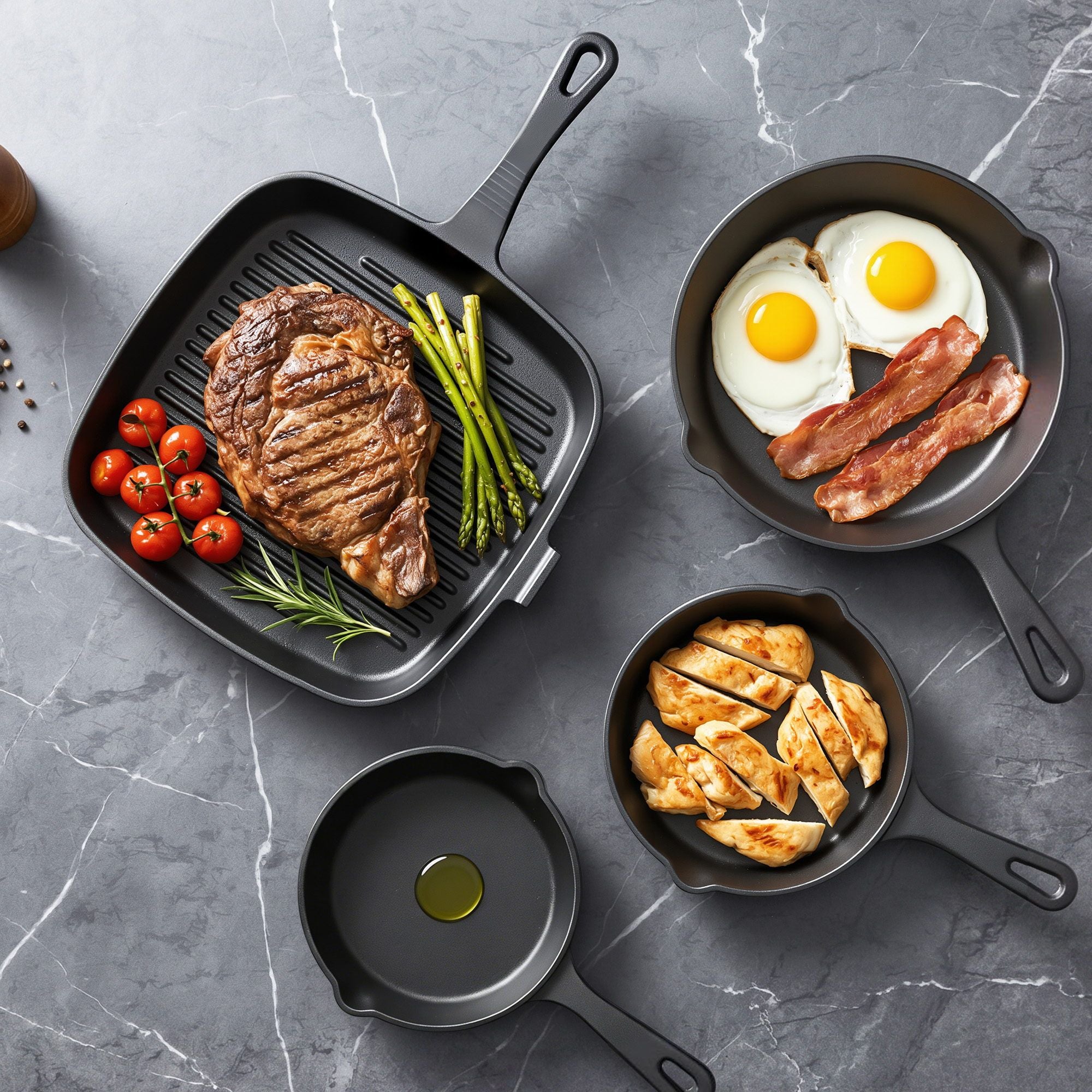 5-Star Chef Cast Iron Fry Pan Skillet Cookware Set Induction Black 14/16/20/24cm XFEL-FP-4PCS