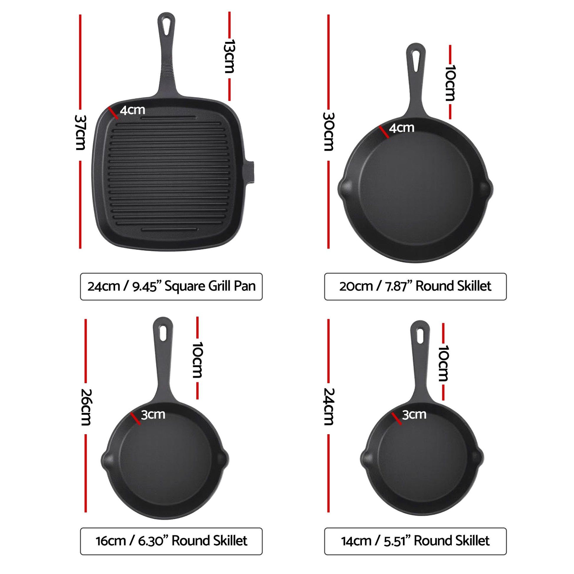 5-Star Chef Cast Iron Fry Pan Skillet Cookware Set Induction Black 14/16/20/24cm XFEL-FP-4PCS