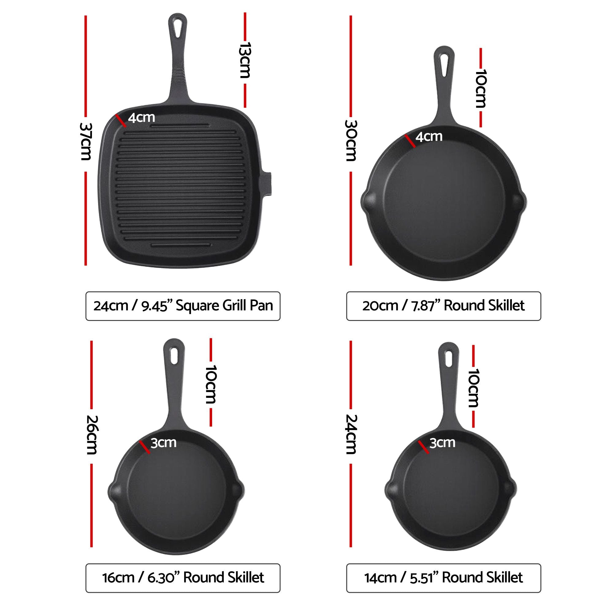 5-Star Chef Cast Iron Fry Pan Skillet Cookware Set Induction Black 14/16/20/24cm XFEL-FP-4PCS