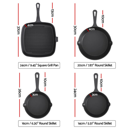 5-Star Chef Cast Iron Fry Pan Skillet Cookware Set Induction Black 14/16/20/24cm XFEL-FP-4PCS