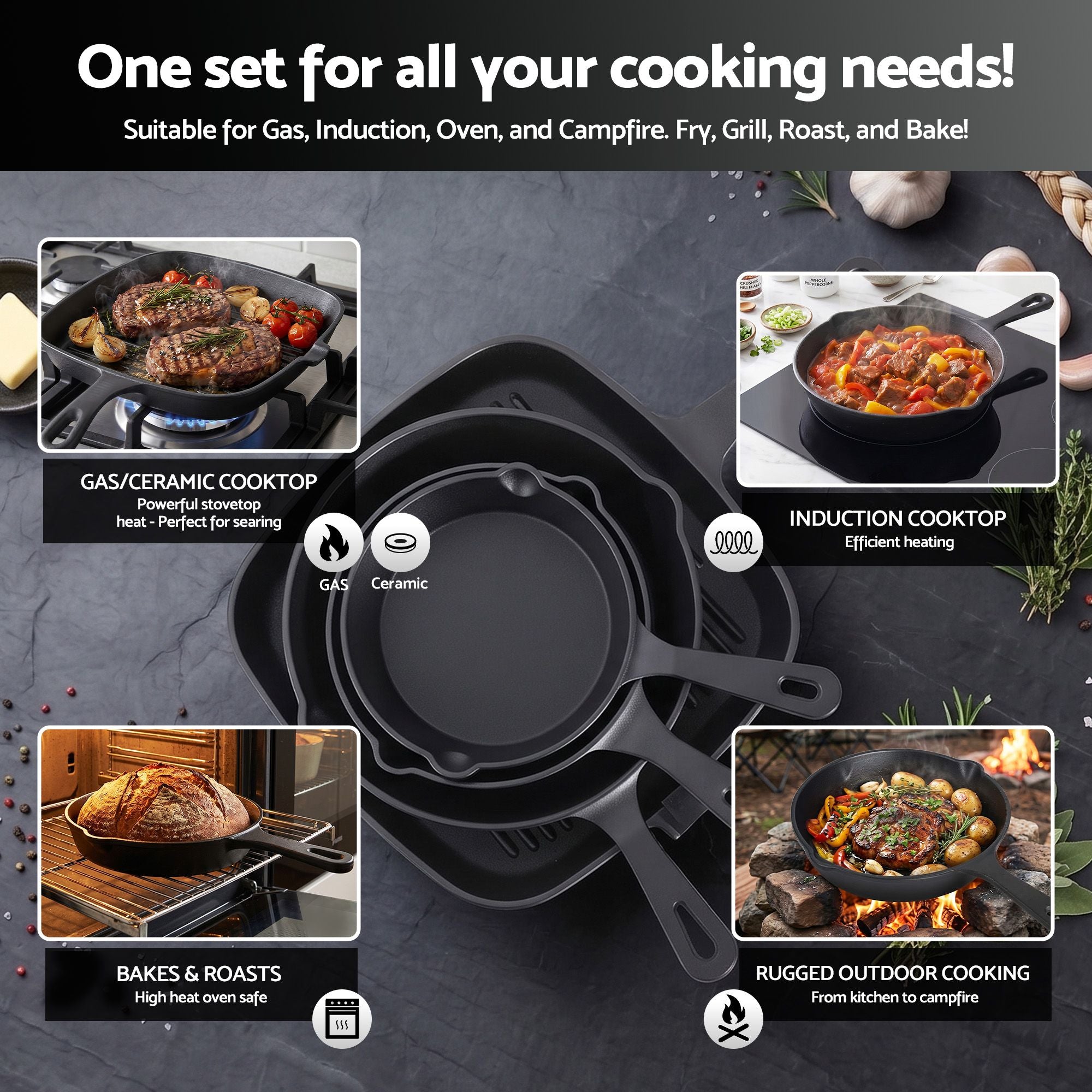 5-Star Chef Cast Iron Fry Pan Skillet Cookware Set Induction Black 14/16/20/24cm XFEL-FP-4PCS