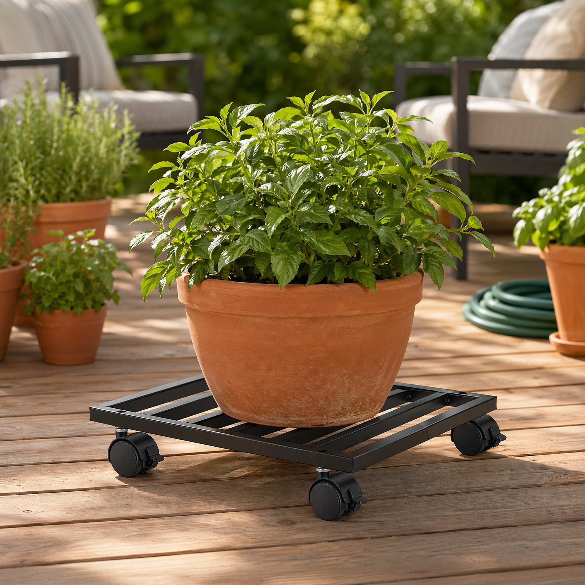 Green Fingers Plant Pot Trolleys 3pcs 32cm Galvanized Steel Lockable Wheels Roll Planter Black XFEL-GARDEN-3STL-WHEEL-BK