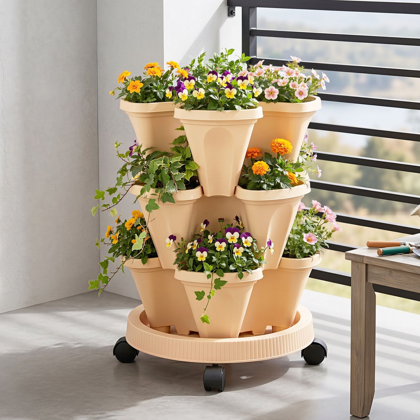 Green Fingers 3 Tier Stackable Vertical Planter Tower Strawberry Pot Wheels Beige XFEL-GARDEN-PLASTIC-3T-BE