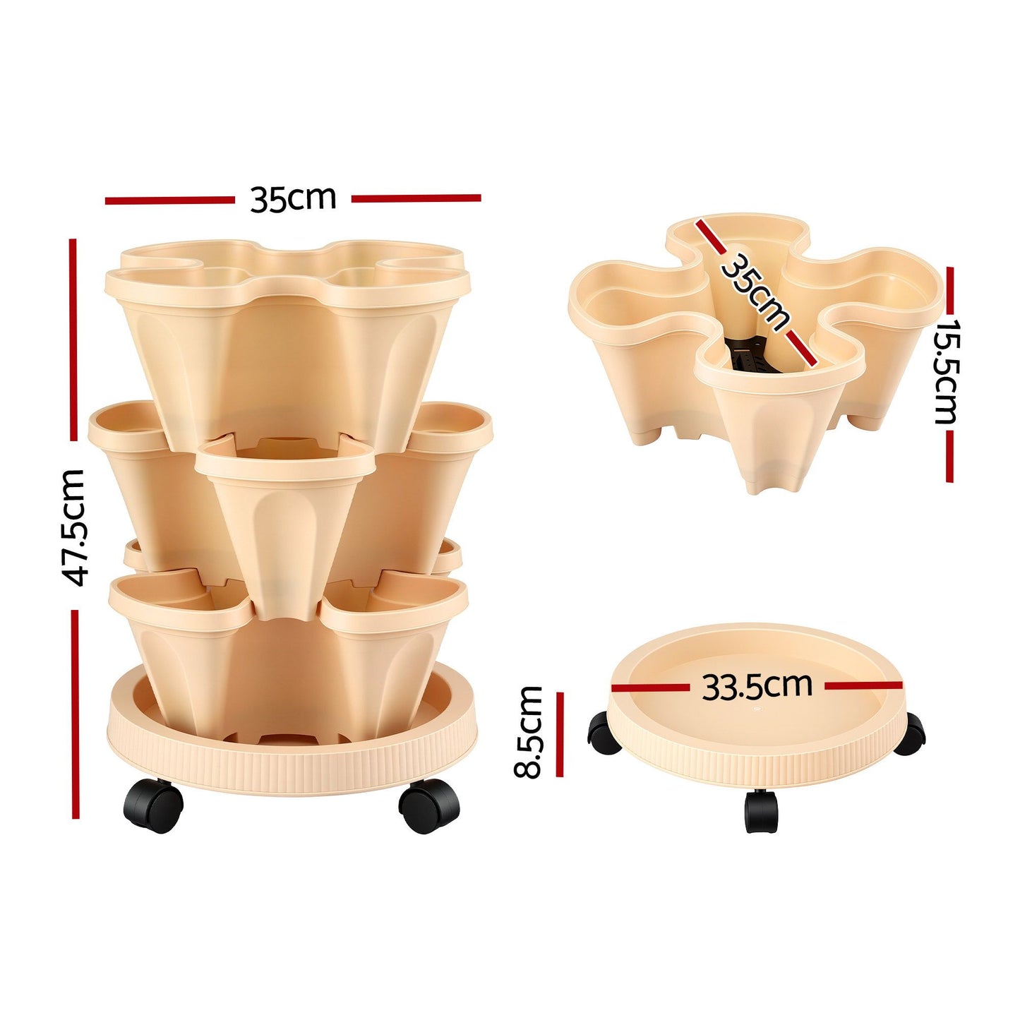 Green Fingers 3 Tier Stackable Vertical Planter Tower Strawberry Pot Wheels Beige XFEL-GARDEN-PLASTIC-3T-BE