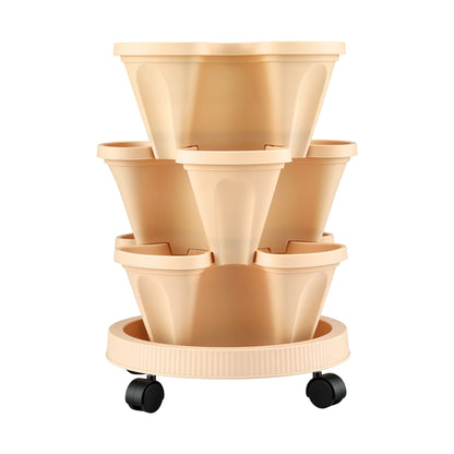 Green Fingers 3 Tier Stackable Vertical Planter Tower Strawberry Pot Wheels Beige XFEL-GARDEN-PLASTIC-3T-BE