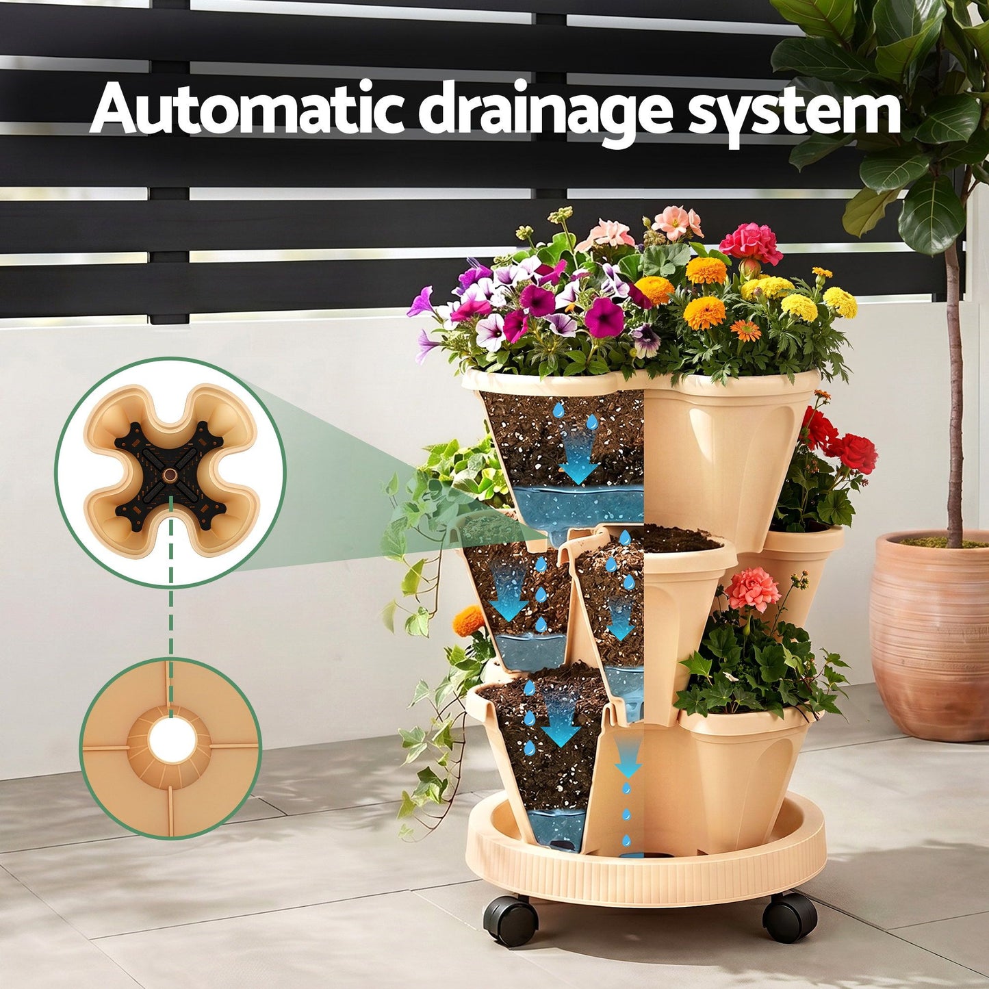 Green Fingers 3 Tier Stackable Vertical Planter Tower Strawberry Pot Wheels Beige XFEL-GARDEN-PLASTIC-3T-BE