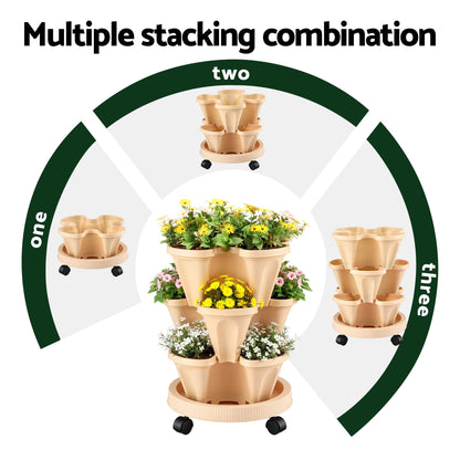 Green Fingers 3 Tier Stackable Vertical Planter Tower Strawberry Pot Wheels Beige XFEL-GARDEN-PLASTIC-3T-BE
