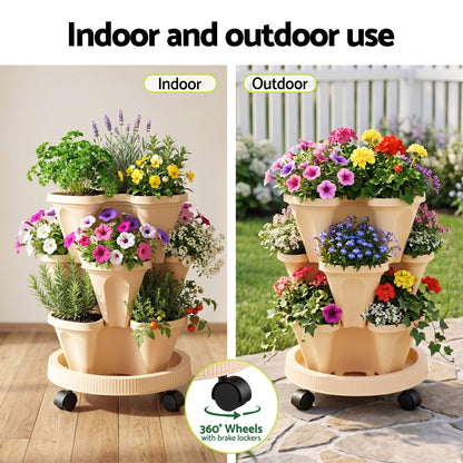 Green Fingers 3 Tier Stackable Vertical Planter Tower Strawberry Pot Wheels Beige XFEL-GARDEN-PLASTIC-3T-BE