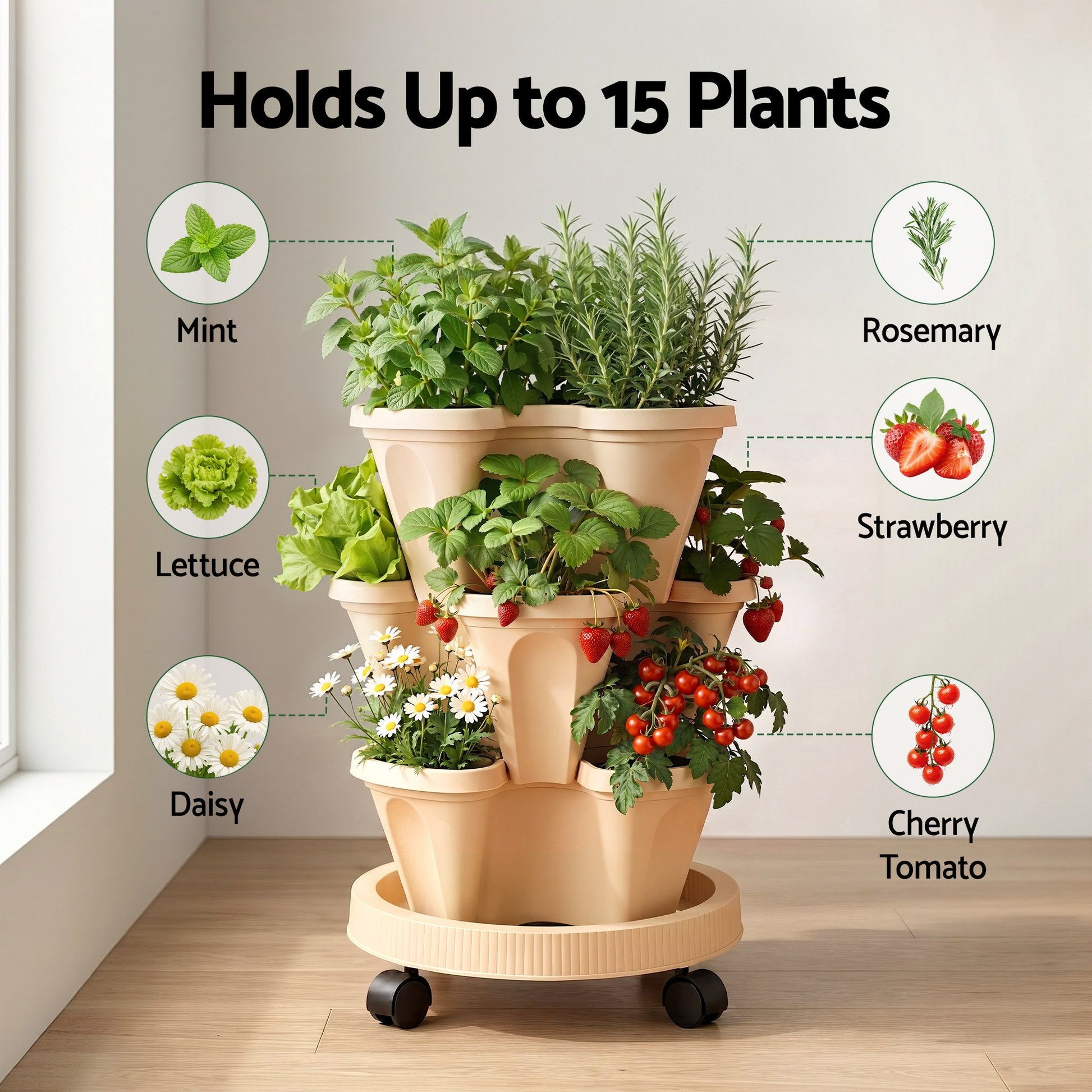 Green Fingers 3 Tier Stackable Vertical Planter Tower Strawberry Pot Wheels Beige XFEL-GARDEN-PLASTIC-3T-BE