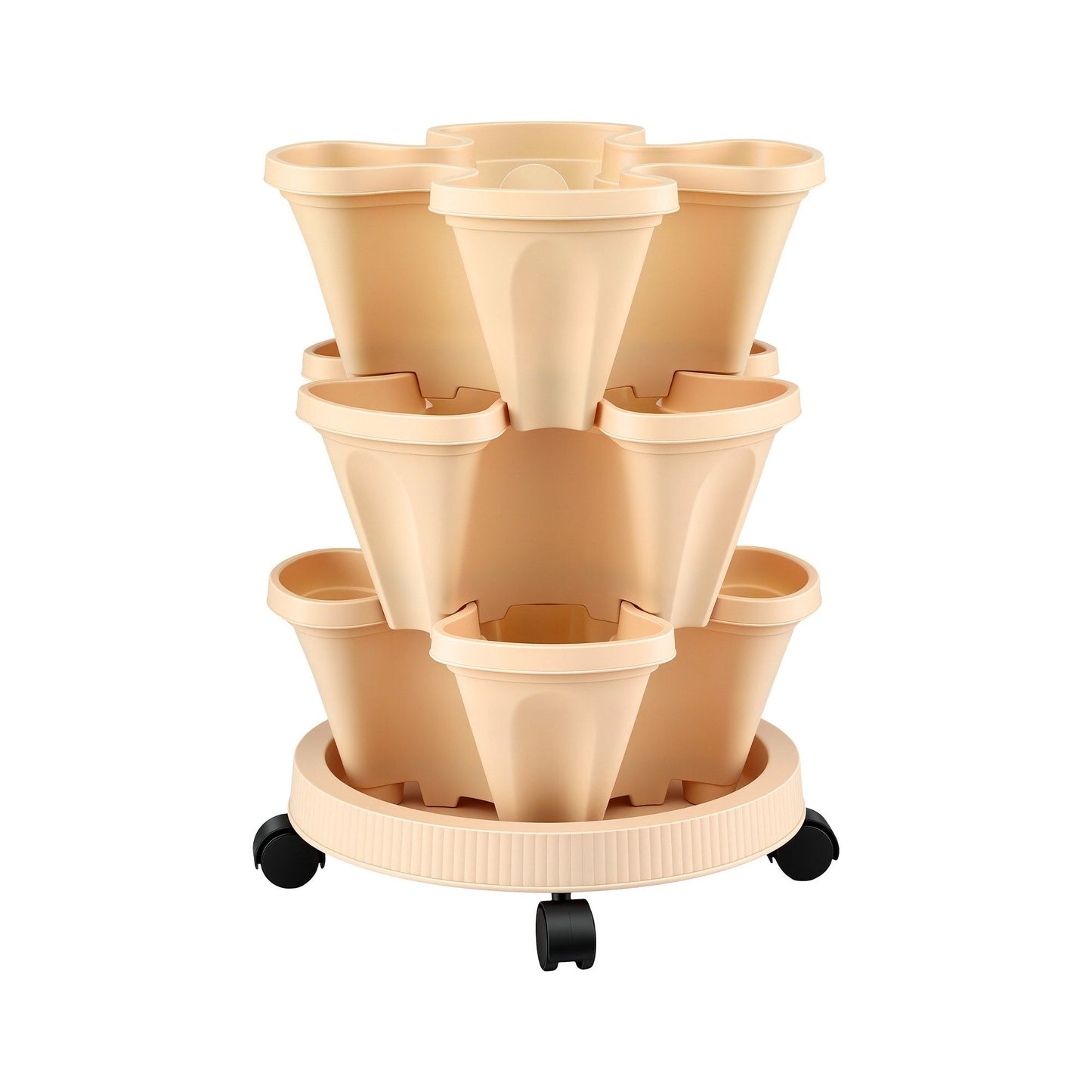 Green Fingers 3 Tier Stackable Vertical Planter Tower Strawberry Pot Wheels Beige XFEL-GARDEN-PLASTIC-3T-BE