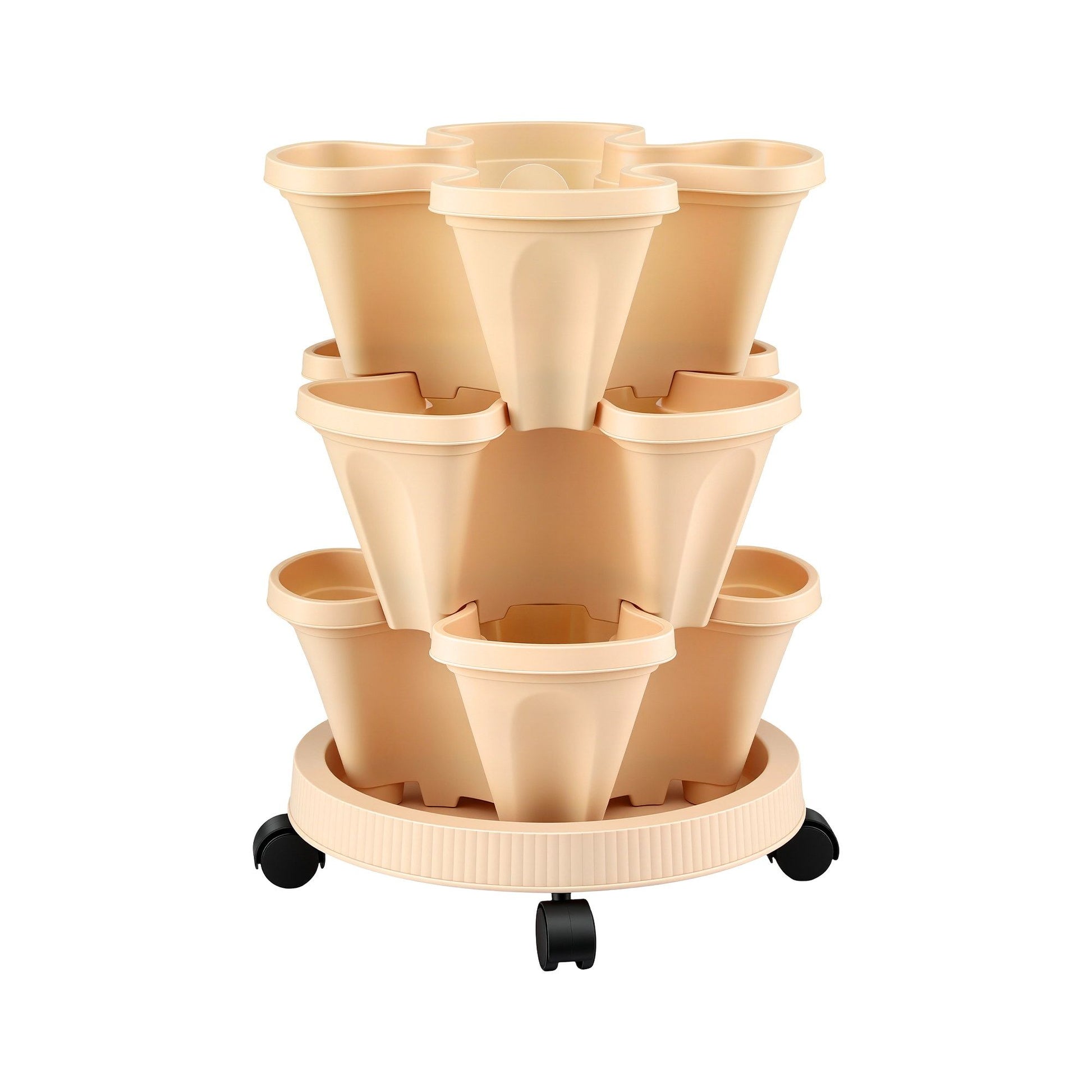 Green Fingers 3 Tier Stackable Vertical Planter Tower Strawberry Pot Wheels Beige XFEL-GARDEN-PLASTIC-3T-BE