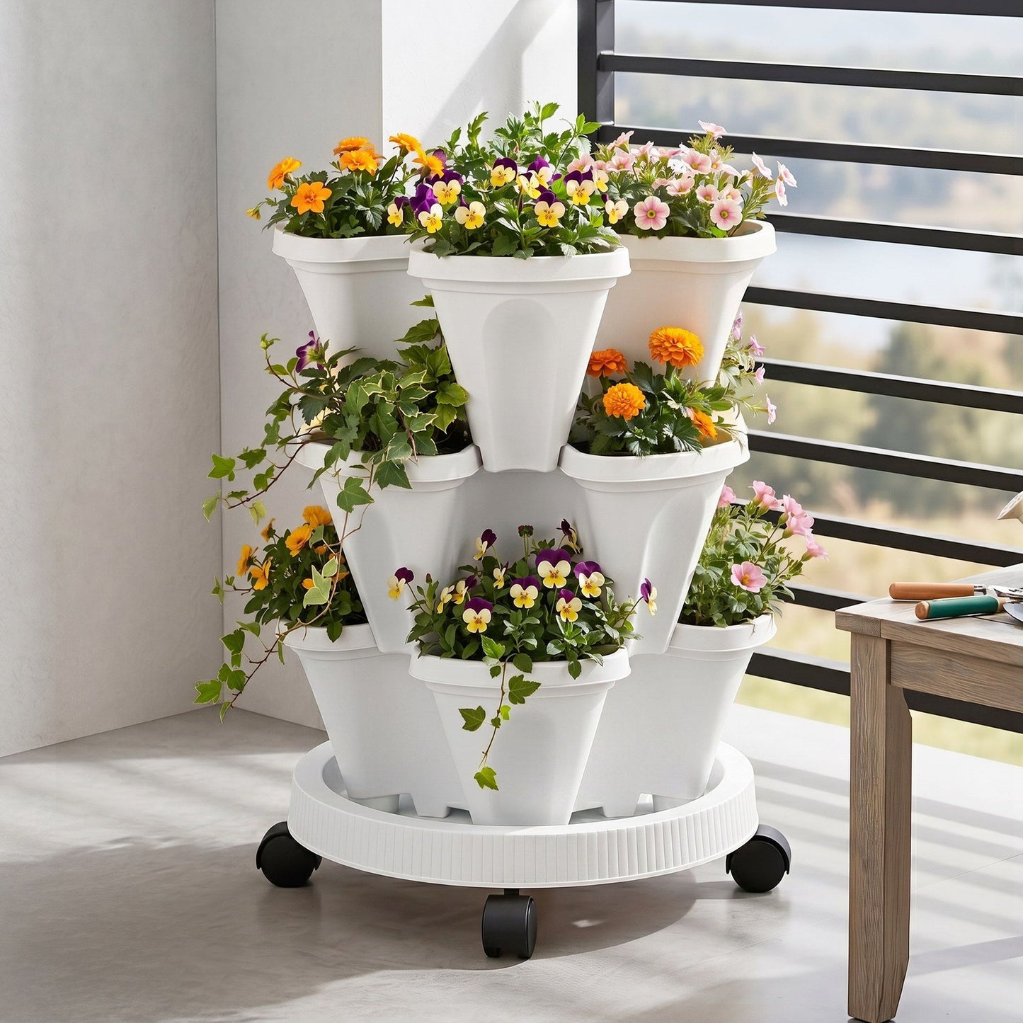 Green Fingers 3 Tier Stackable Vertical Planter Tower Strawberry Pot Wheels White XFEL-GARDEN-PLASTIC-3T-WH