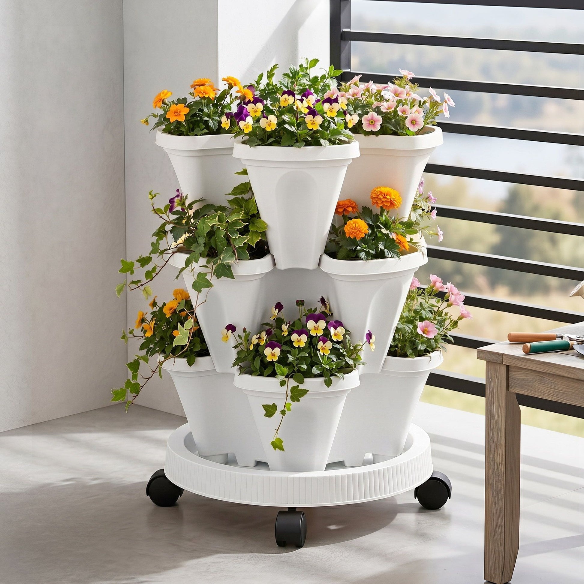 Green Fingers 3 Tier Stackable Vertical Planter Tower Strawberry Pot Wheels White XFEL-GARDEN-PLASTIC-3T-WH