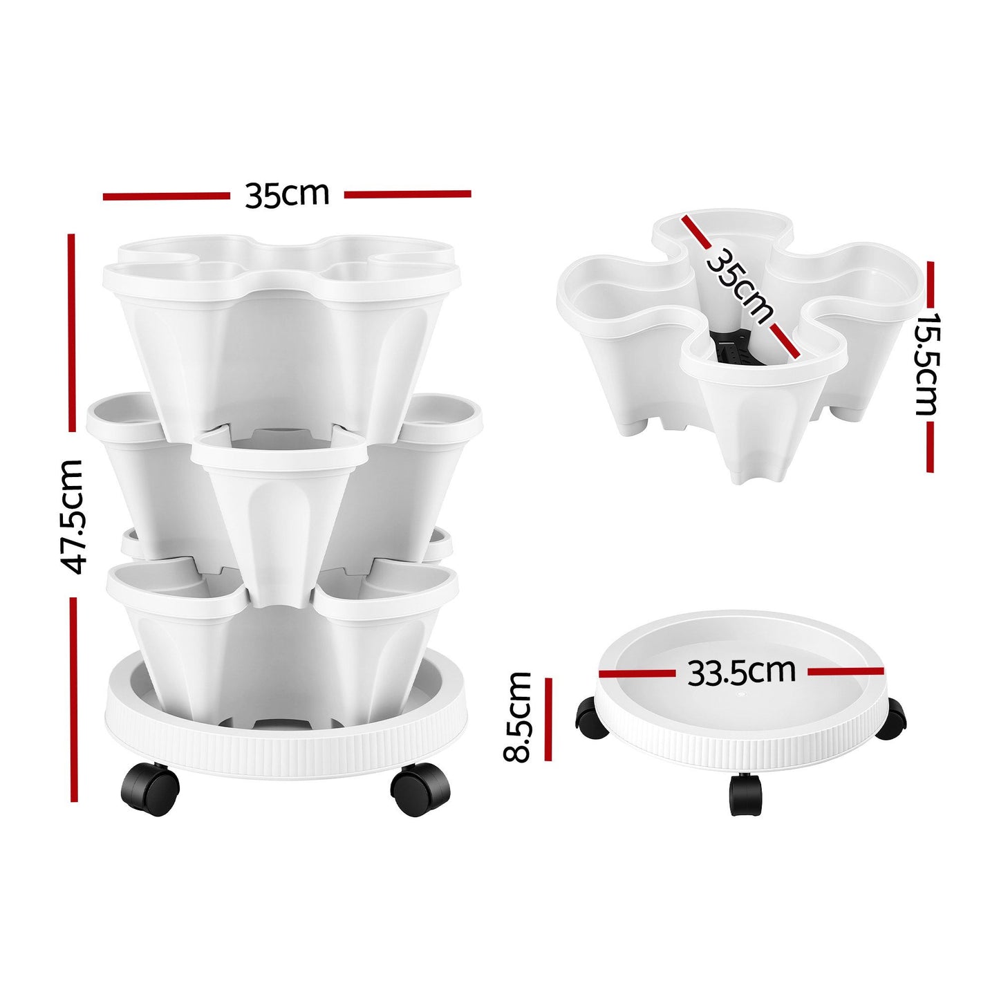Green Fingers 3 Tier Stackable Vertical Planter Tower Strawberry Pot Wheels White XFEL-GARDEN-PLASTIC-3T-WH