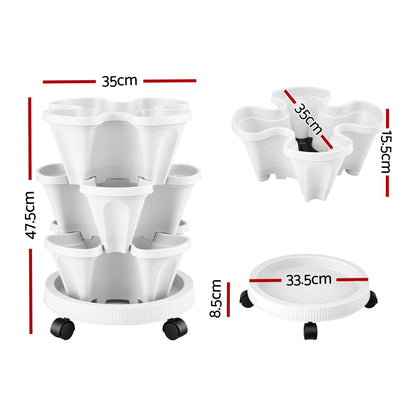 Green Fingers 3 Tier Stackable Vertical Planter Tower Strawberry Pot Wheels White XFEL-GARDEN-PLASTIC-3T-WH
