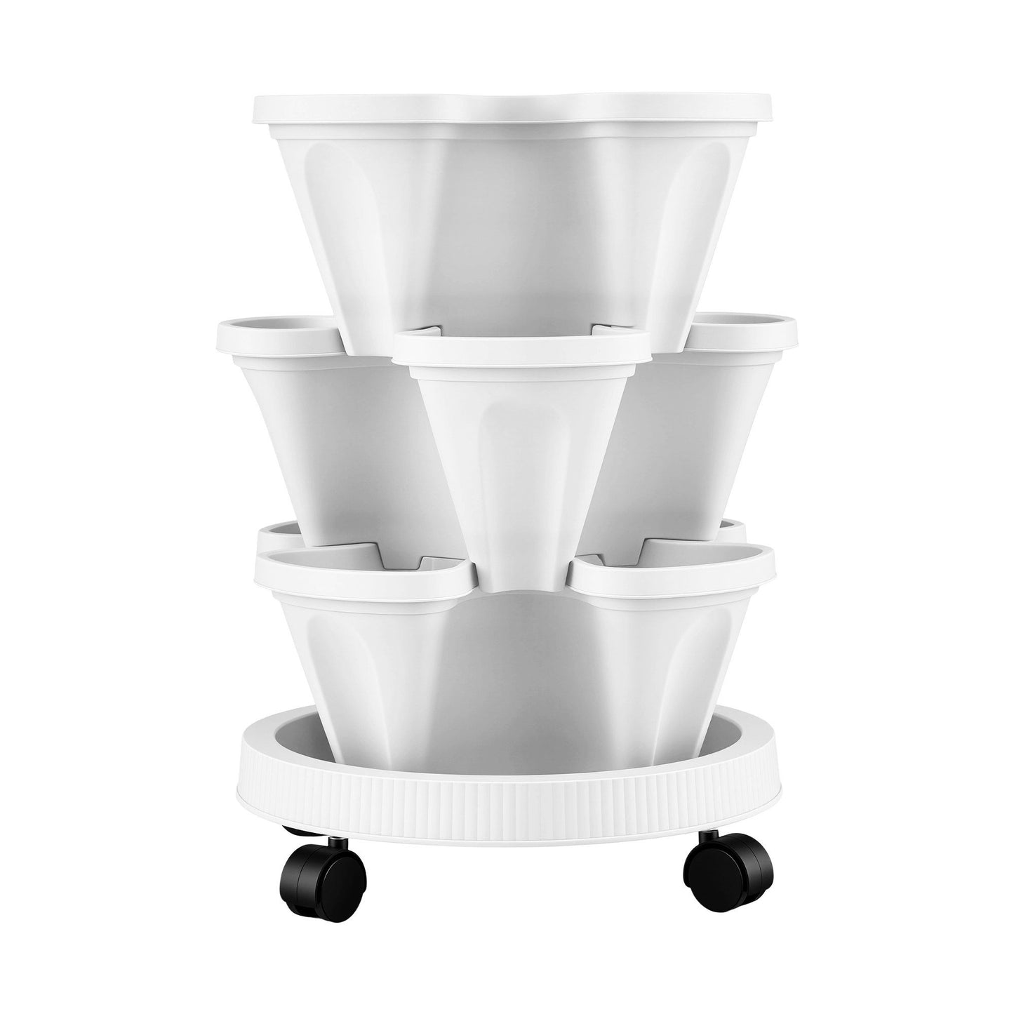 Green Fingers 3 Tier Stackable Vertical Planter Tower Strawberry Pot Wheels White XFEL-GARDEN-PLASTIC-3T-WH
