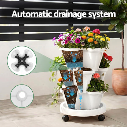 Green Fingers 3 Tier Stackable Vertical Planter Tower Strawberry Pot Wheels White XFEL-GARDEN-PLASTIC-3T-WH