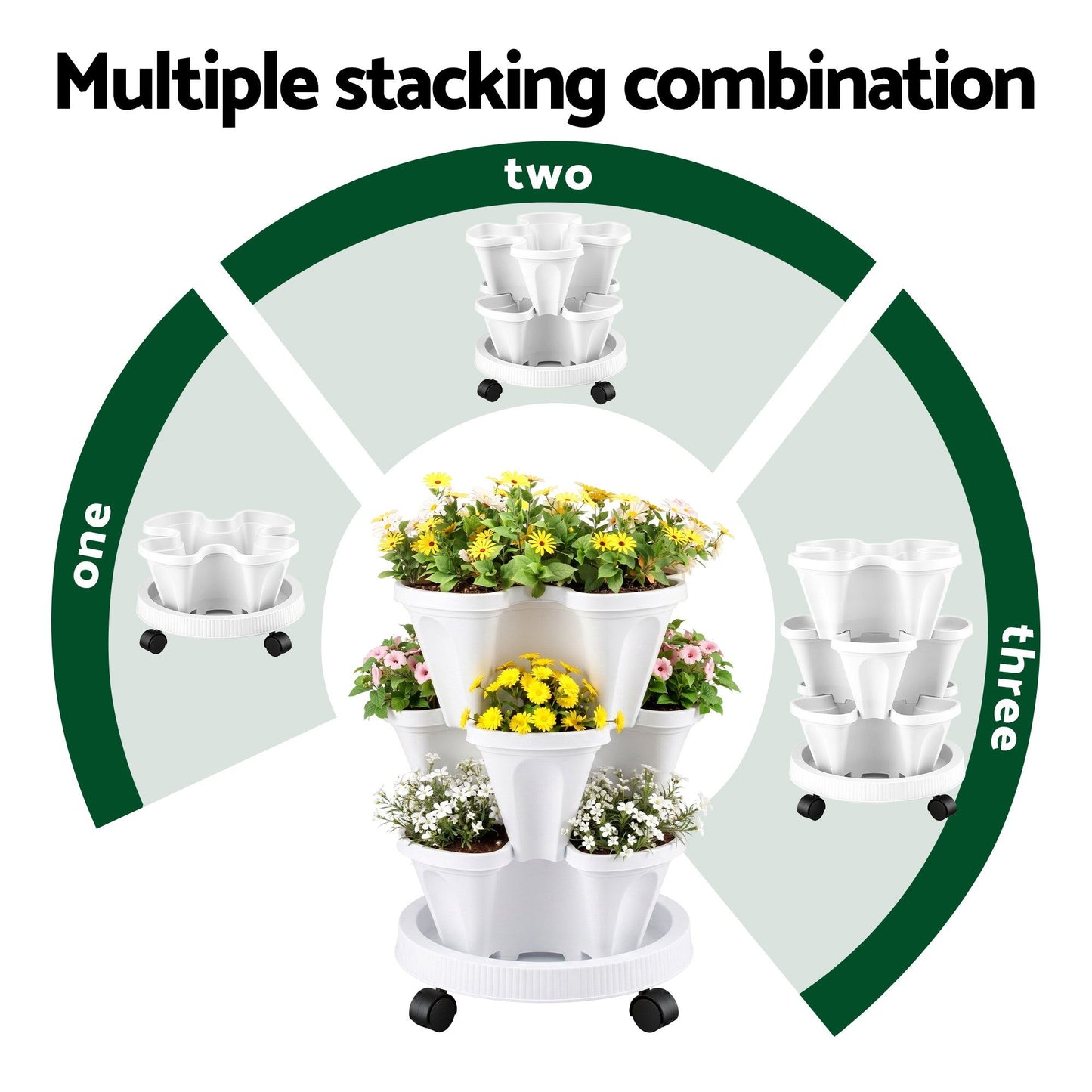 Green Fingers 3 Tier Stackable Vertical Planter Tower Strawberry Pot Wheels White XFEL-GARDEN-PLASTIC-3T-WH
