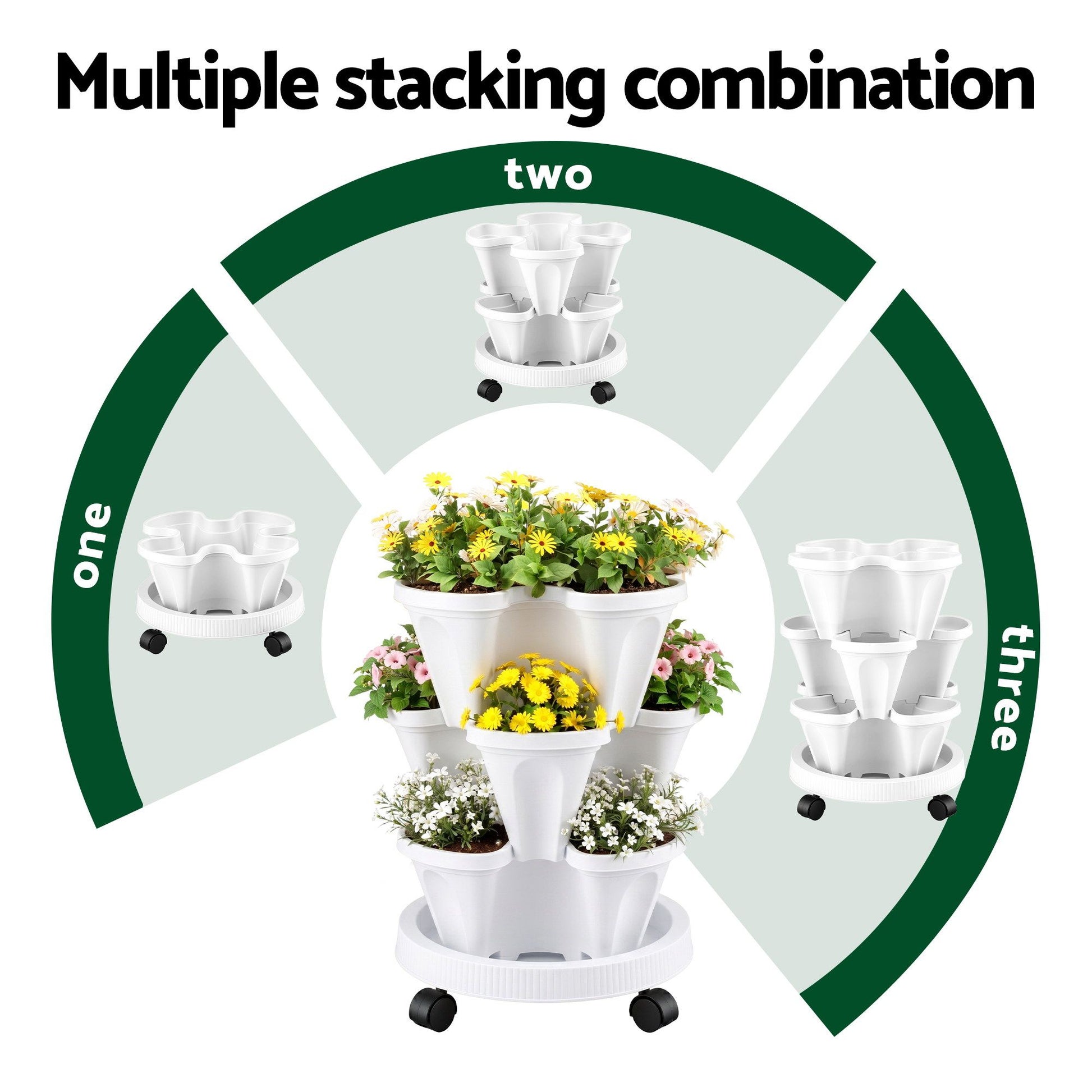 Green Fingers 3 Tier Stackable Vertical Planter Tower Strawberry Pot Wheels White XFEL-GARDEN-PLASTIC-3T-WH