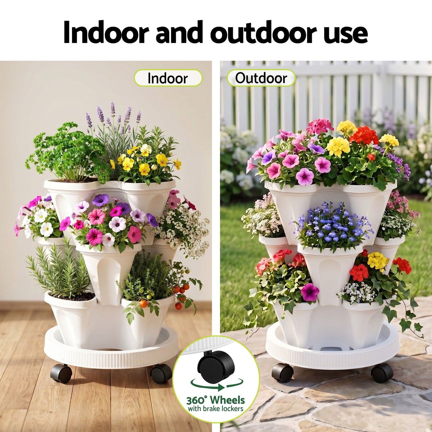 Green Fingers 3 Tier Stackable Vertical Planter Tower Strawberry Pot Wheels White XFEL-GARDEN-PLASTIC-3T-WH