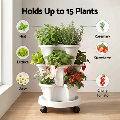 Green Fingers 3 Tier Stackable Vertical Planter Tower Strawberry Pot Wheels White XFEL-GARDEN-PLASTIC-3T-WH
