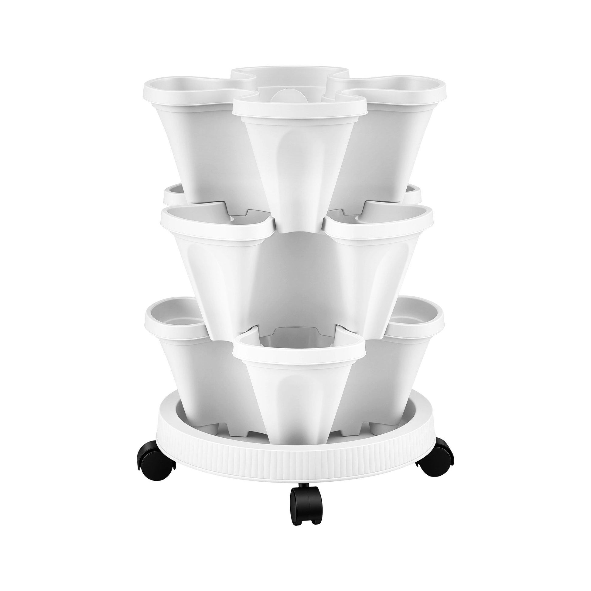 Green Fingers 3 Tier Stackable Vertical Planter Tower Strawberry Pot Wheels White XFEL-GARDEN-PLASTIC-3T-WH
