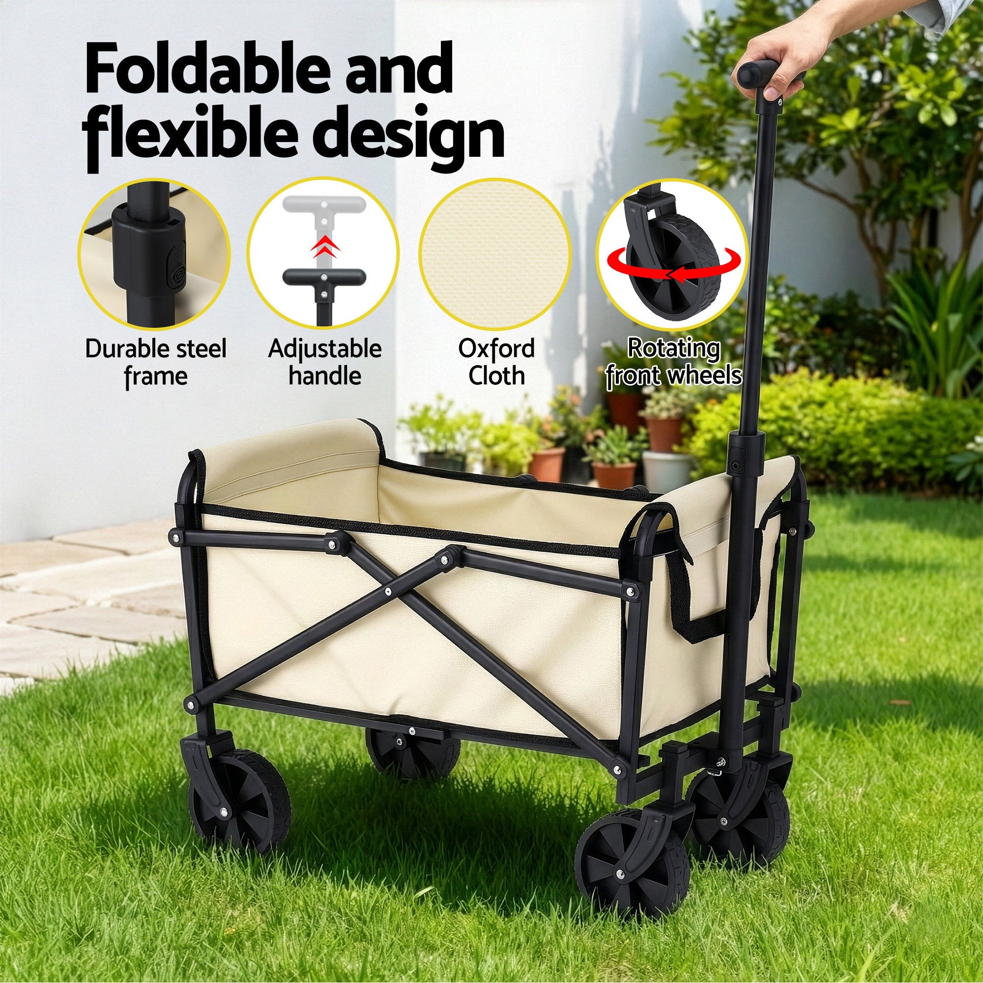 Gardeon Garden Cart Folding Trolley Camping Wagon Barrow Outdoor Beach Beige XFEL-GCT-OX-BE