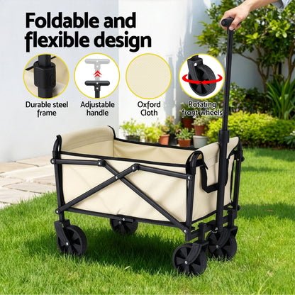 Gardeon Garden Cart Folding Trolley Camping Wagon Barrow Outdoor Beach Beige XFEL-GCT-OX-BE