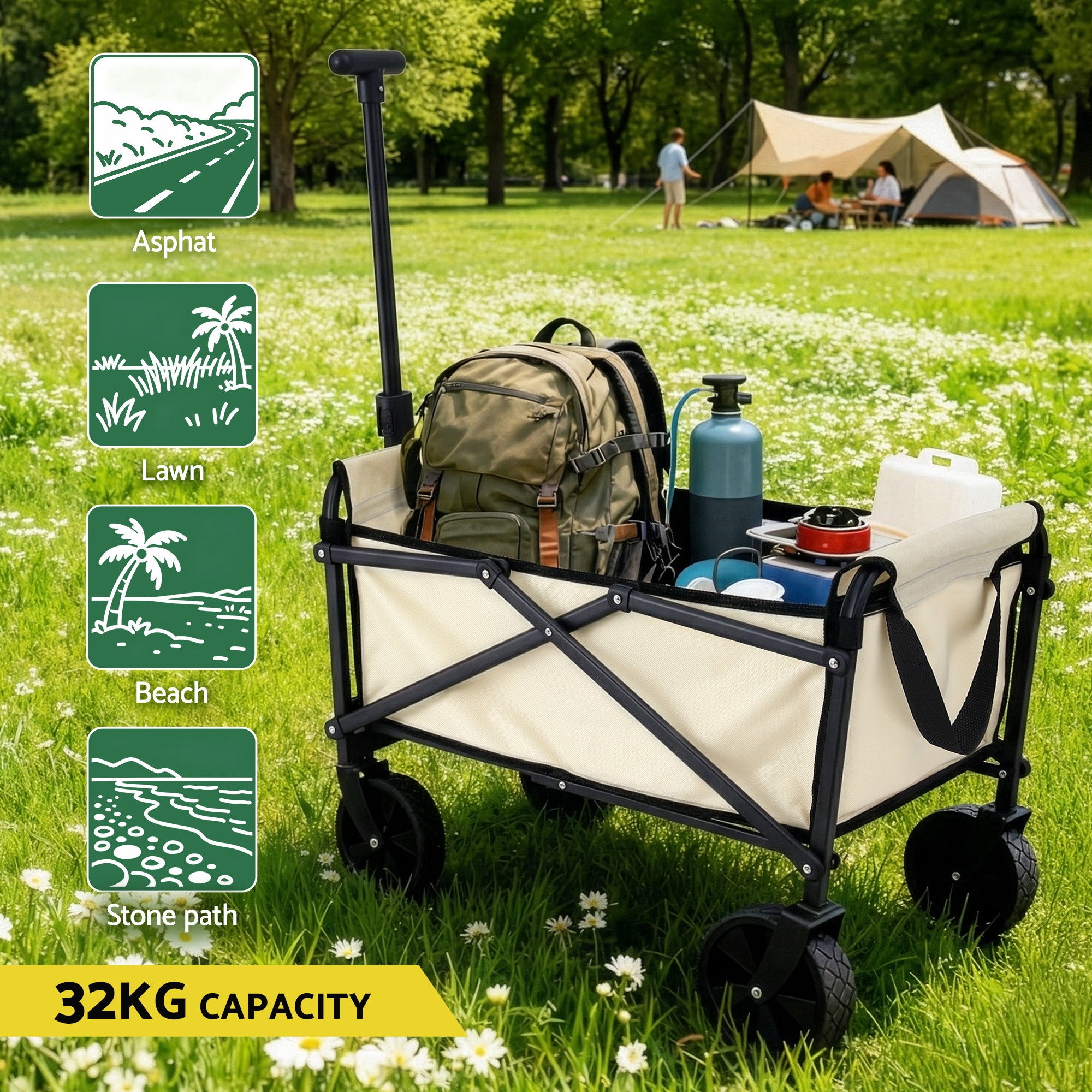 Gardeon Garden Cart Folding Trolley Camping Wagon Barrow Outdoor Beach Beige XFEL-GCT-OX-BE