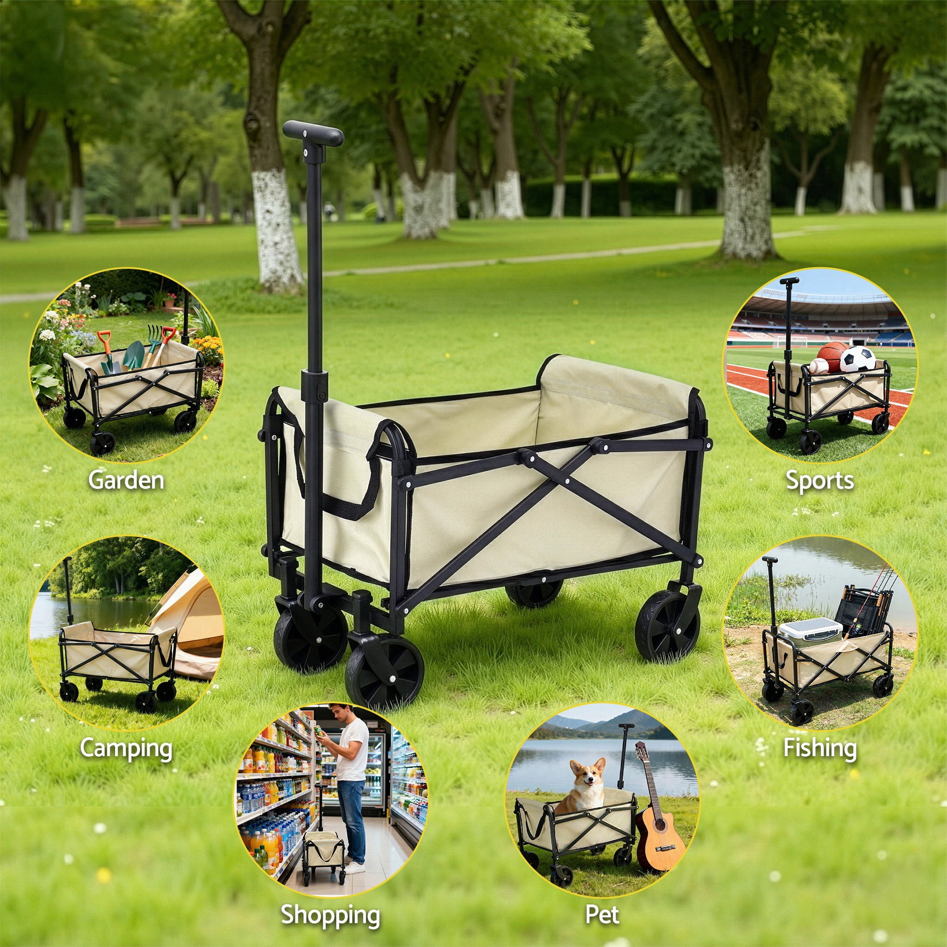 Gardeon Garden Cart Folding Trolley Camping Wagon Barrow Outdoor Beach Beige XFEL-GCT-OX-BE