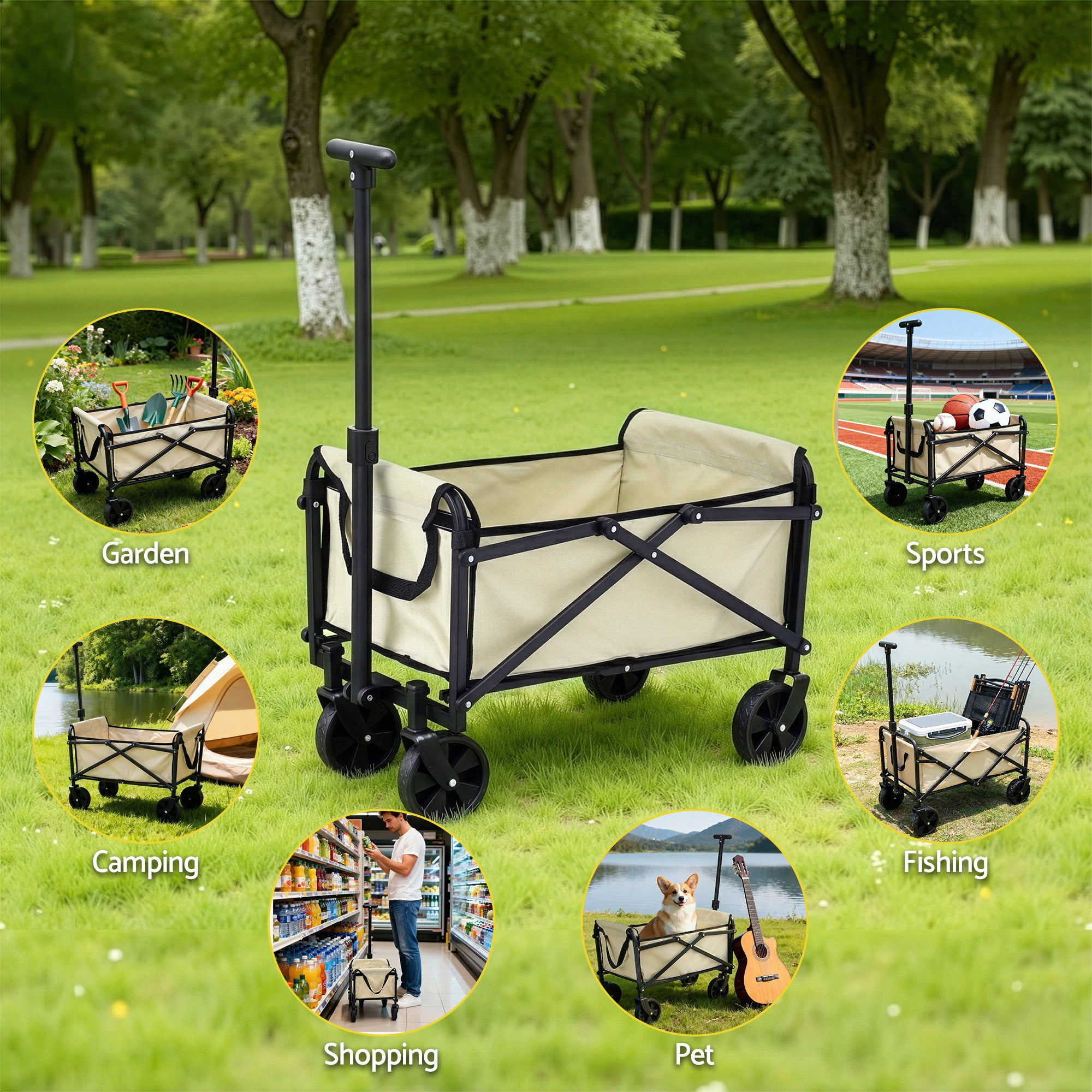 Gardeon Garden Cart Folding Trolley Camping Wagon Barrow Outdoor Beach Beige XFEL-GCT-OX-BE