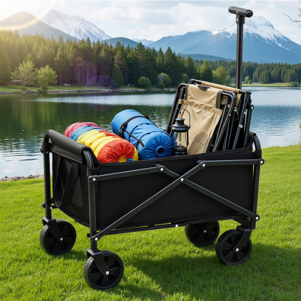 Gardeon Garden Cart Folding Trolley Camping Wagon Barrow Outdoor Beach Black XFEL-GCT-OX-BK